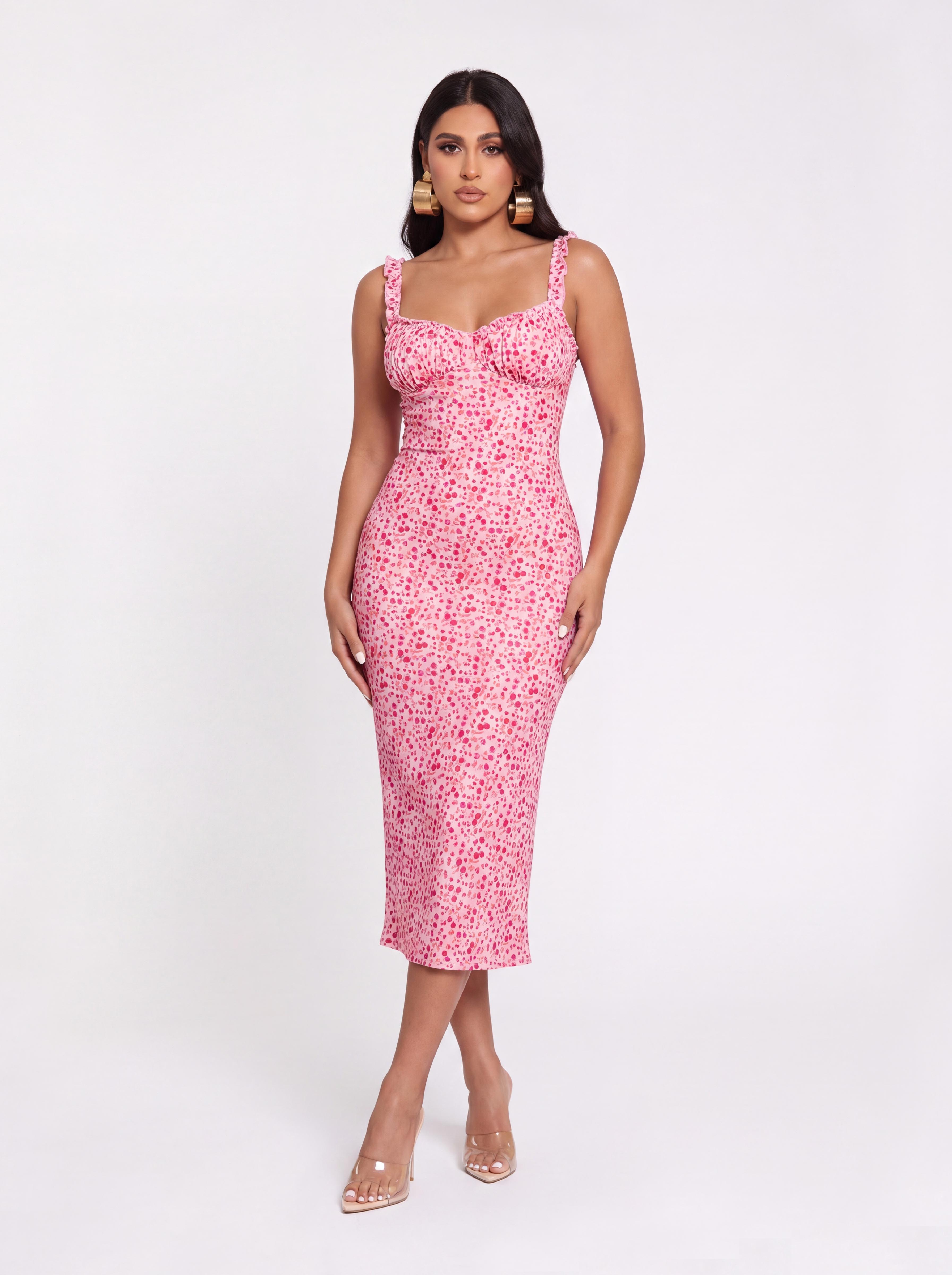 Pink Floral Fine Strap Pleated Slim Fit Midi Dress