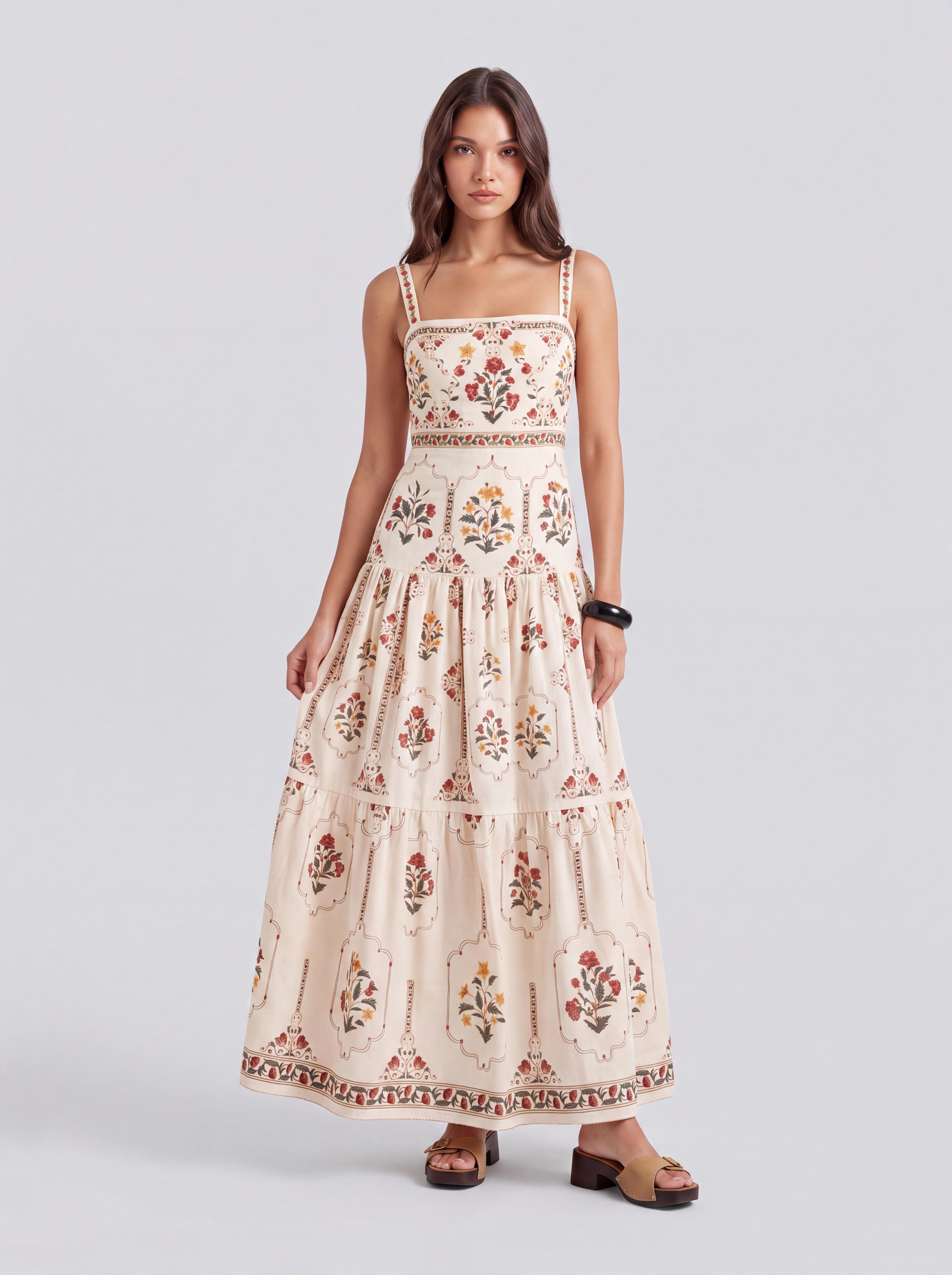 Vintage Floral Square Collar Thin Sling Layered Bohemian Dress