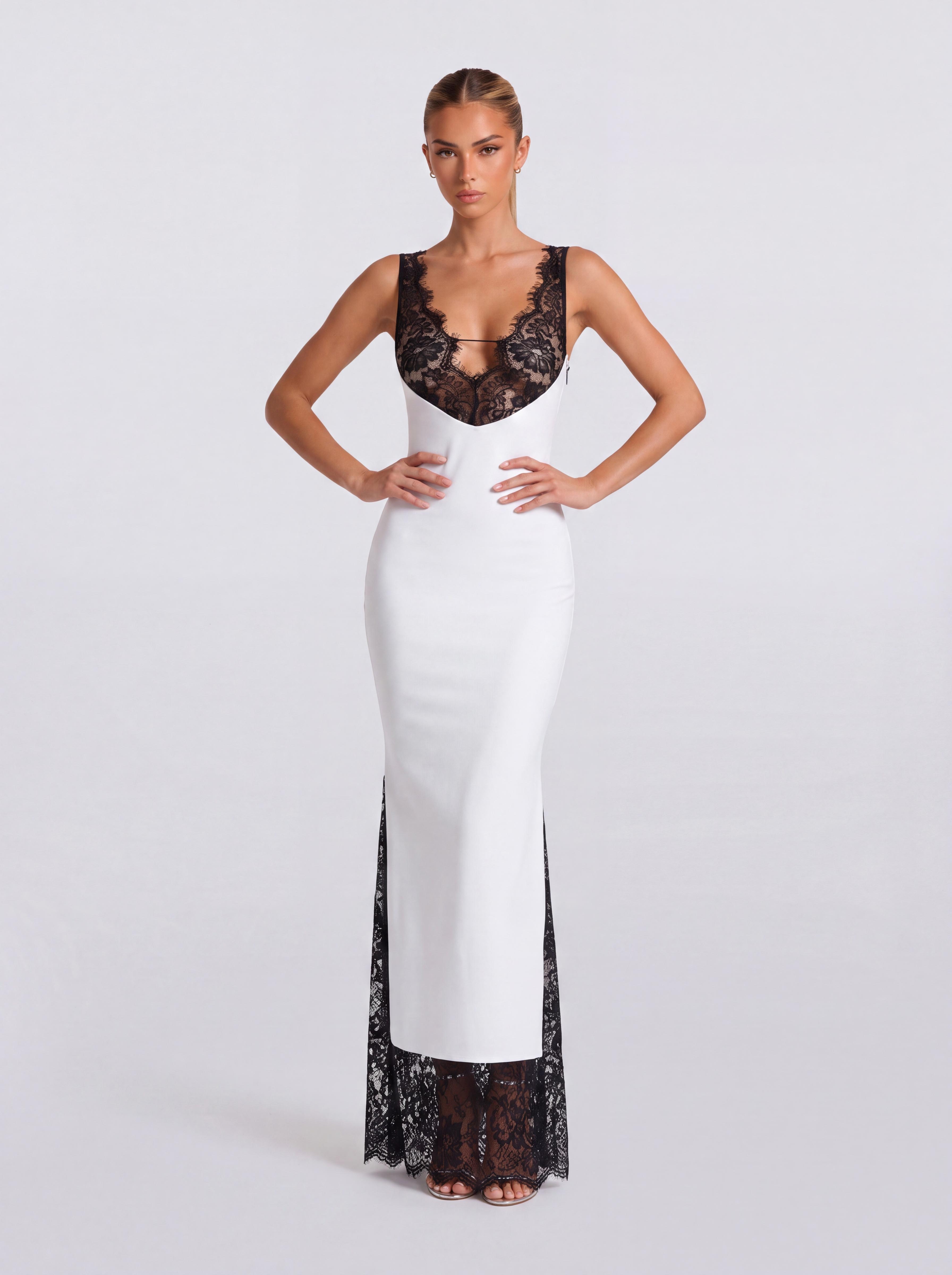 Lace V-Neck Split Fishtail Long Dress