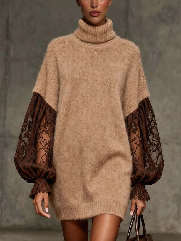 Elegant Lace Sleeve Plush Turtleneck Sweater Dress