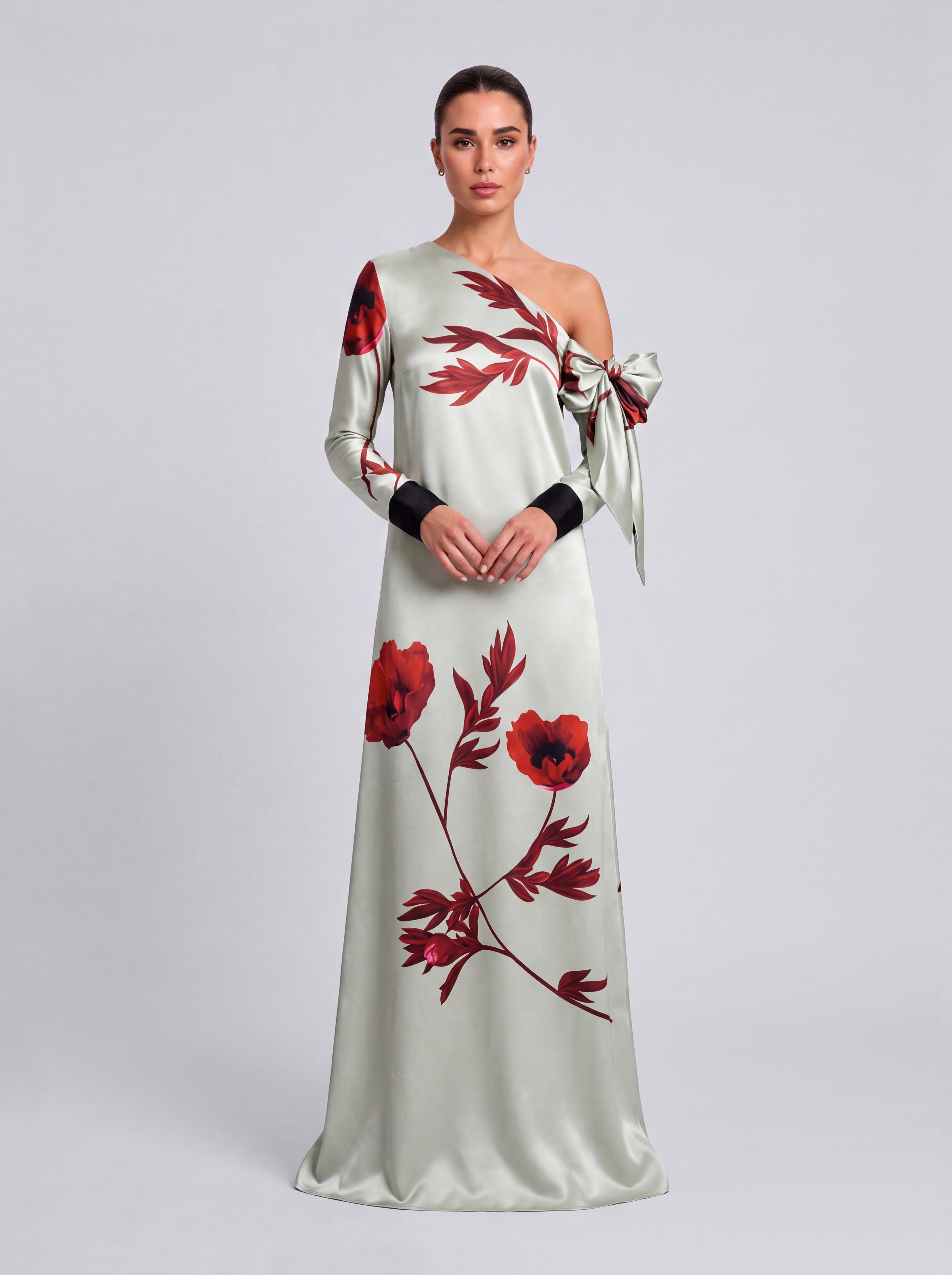 Scarlet-Shoulder Bow Satin Print Long Evening Gown
