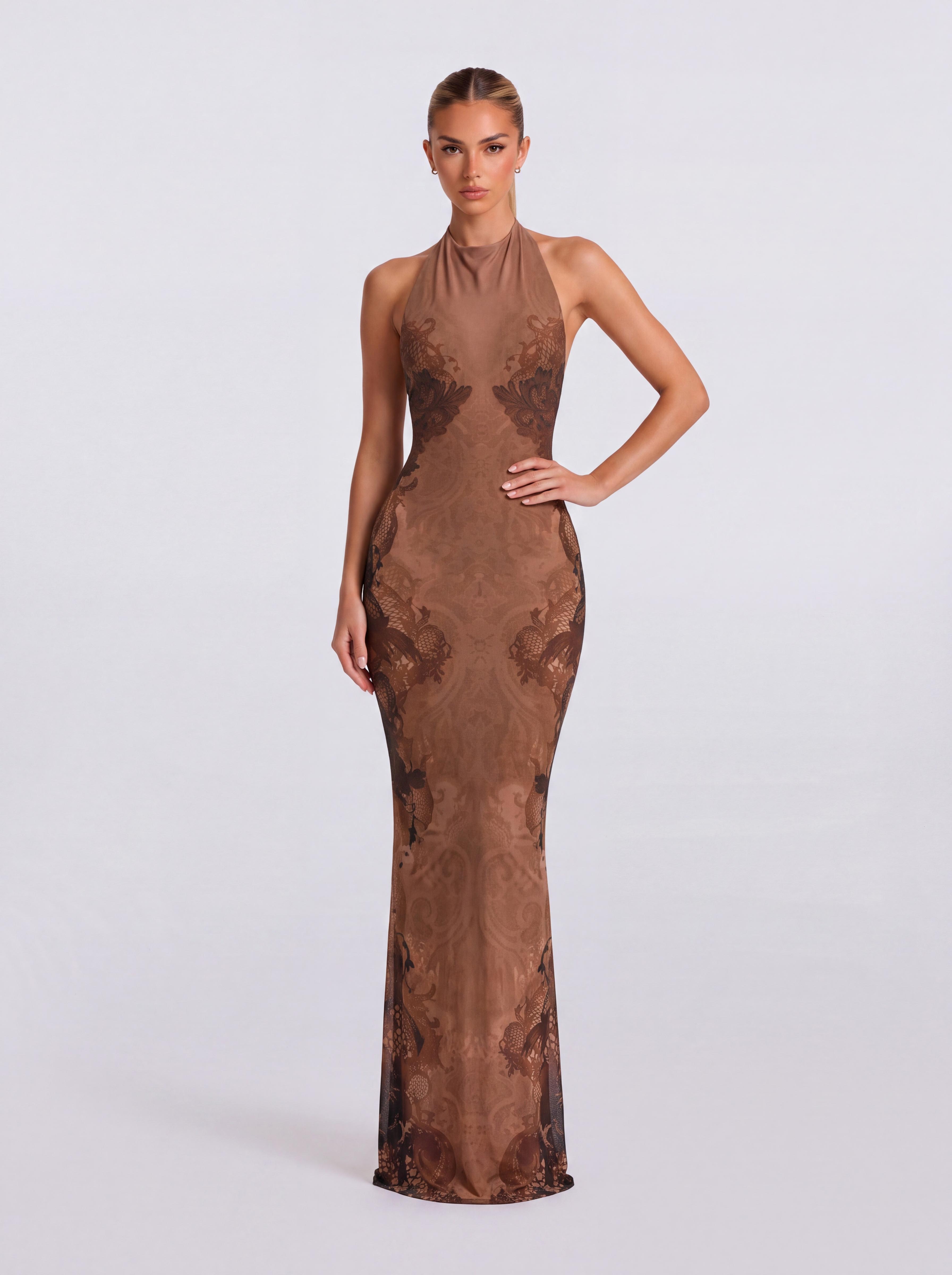 Curry Halter Dragon-Print Slim-Fit Fishtail Long Dress
