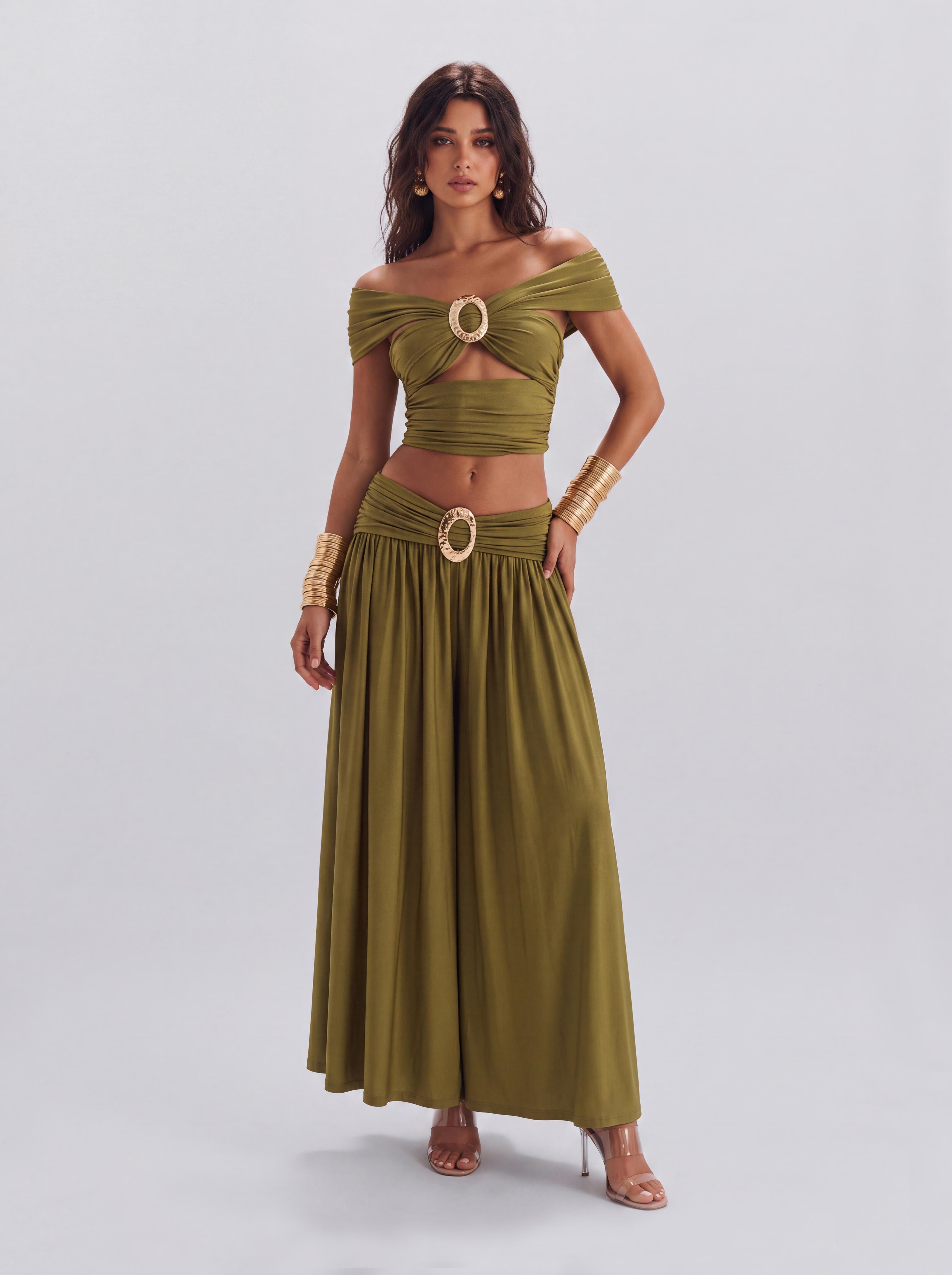 Olive Green Two-Piece Open-Shoulder Top With Metal Buckle