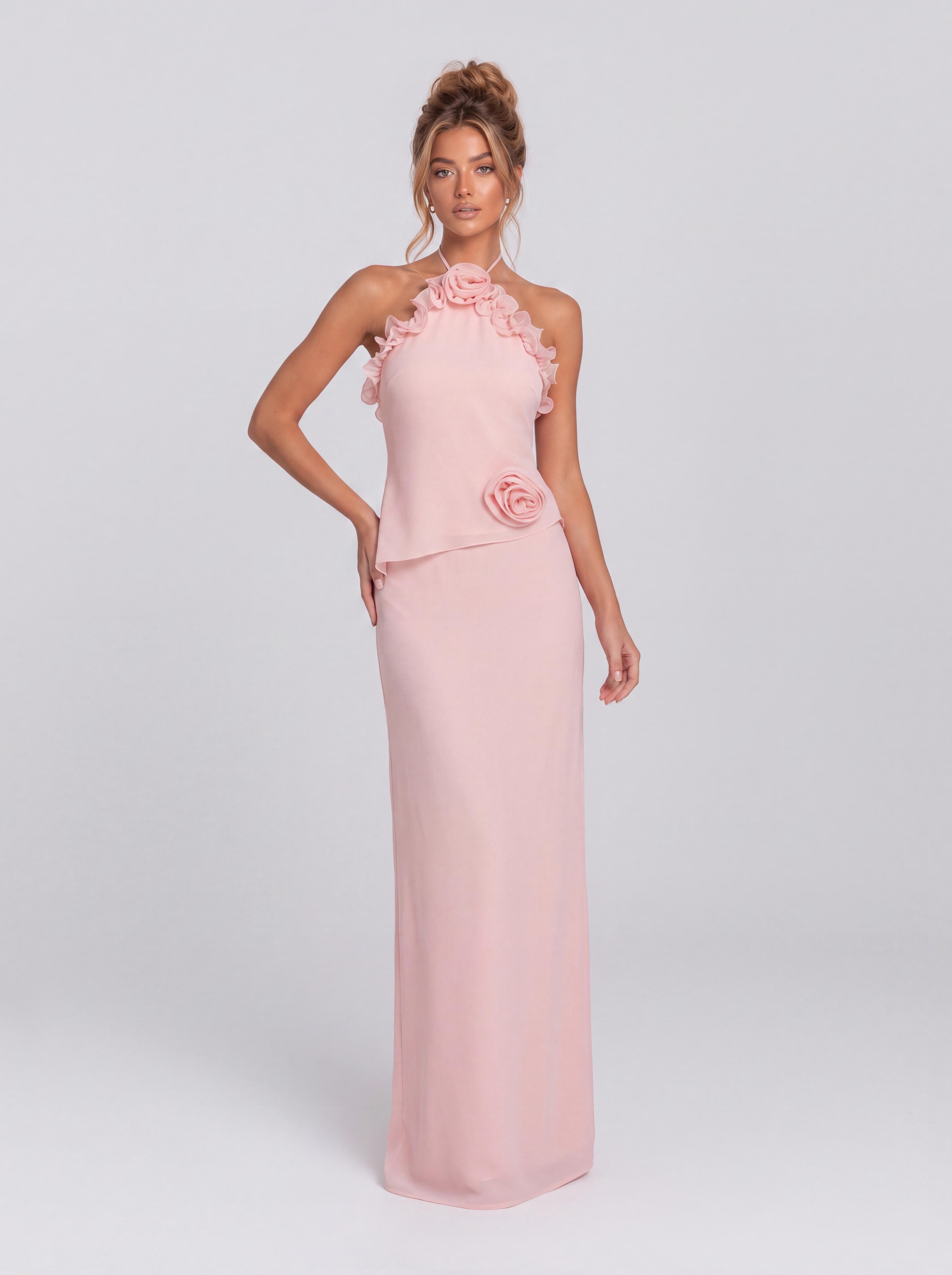 Pink Three-Dimensional Rose Neck Slim-Fit Long Banquet Dress