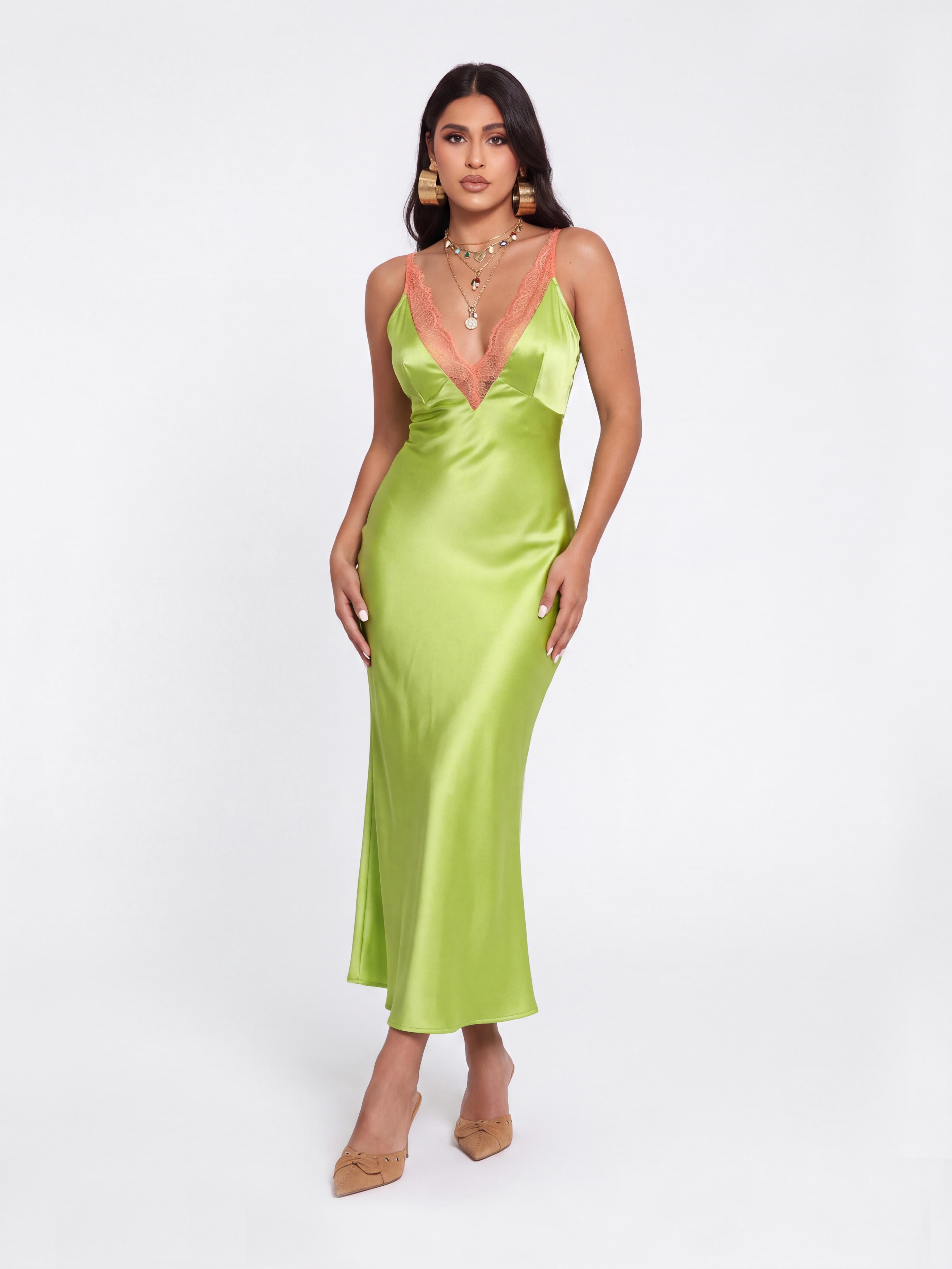 Bright Green Lace V-Neck Satin Sling Fishtail Midi Dress