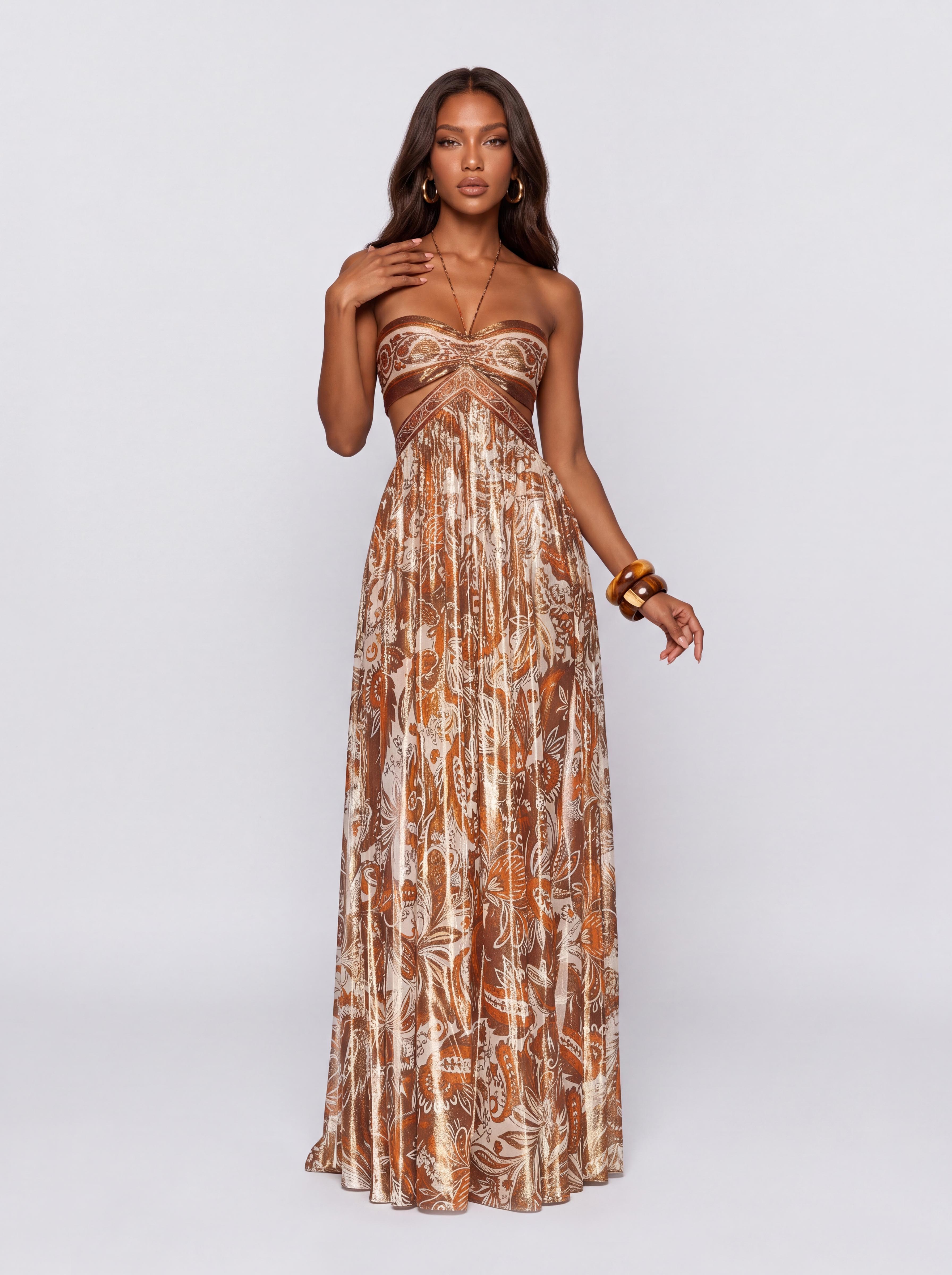 Vintage Cashew Flower Strapless Hollow Neck Stamping Dipping Long Dress