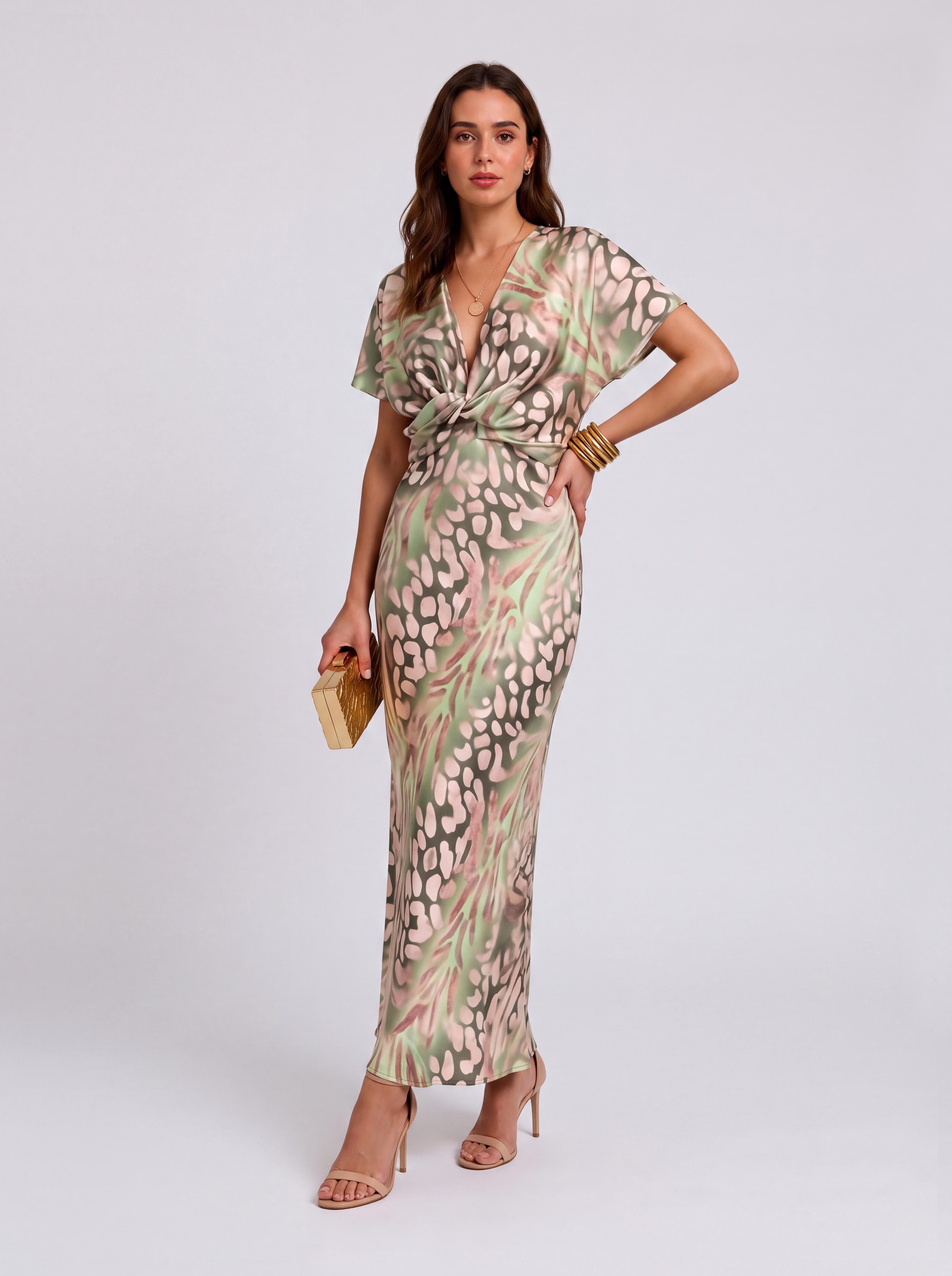 Vintage Simi-Dye Printed Satin Kink Deep V Short-Sleeved Hip Midi Dress
