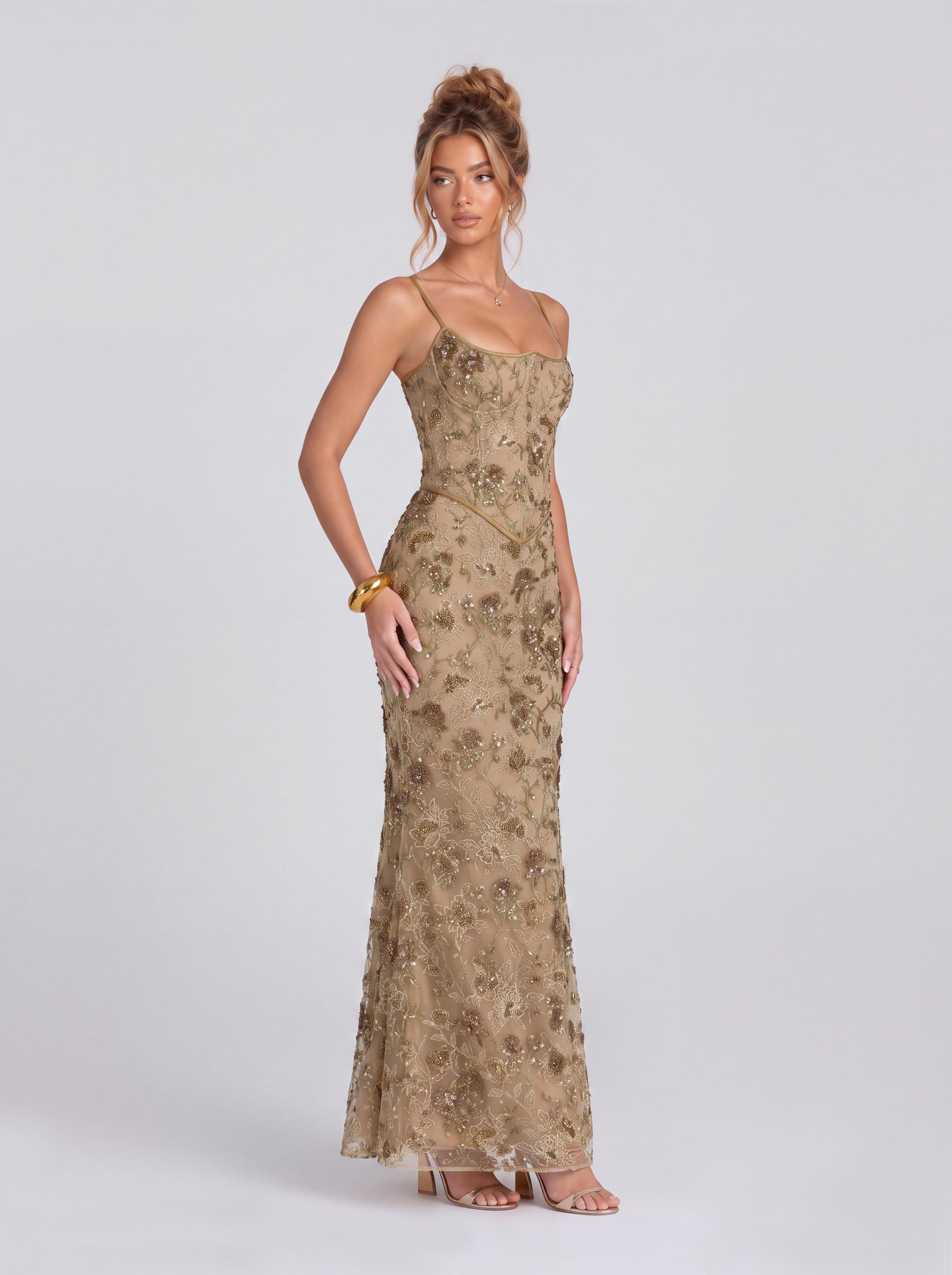 Vintage Floral Beaded Lace Belted Mermaid Dress