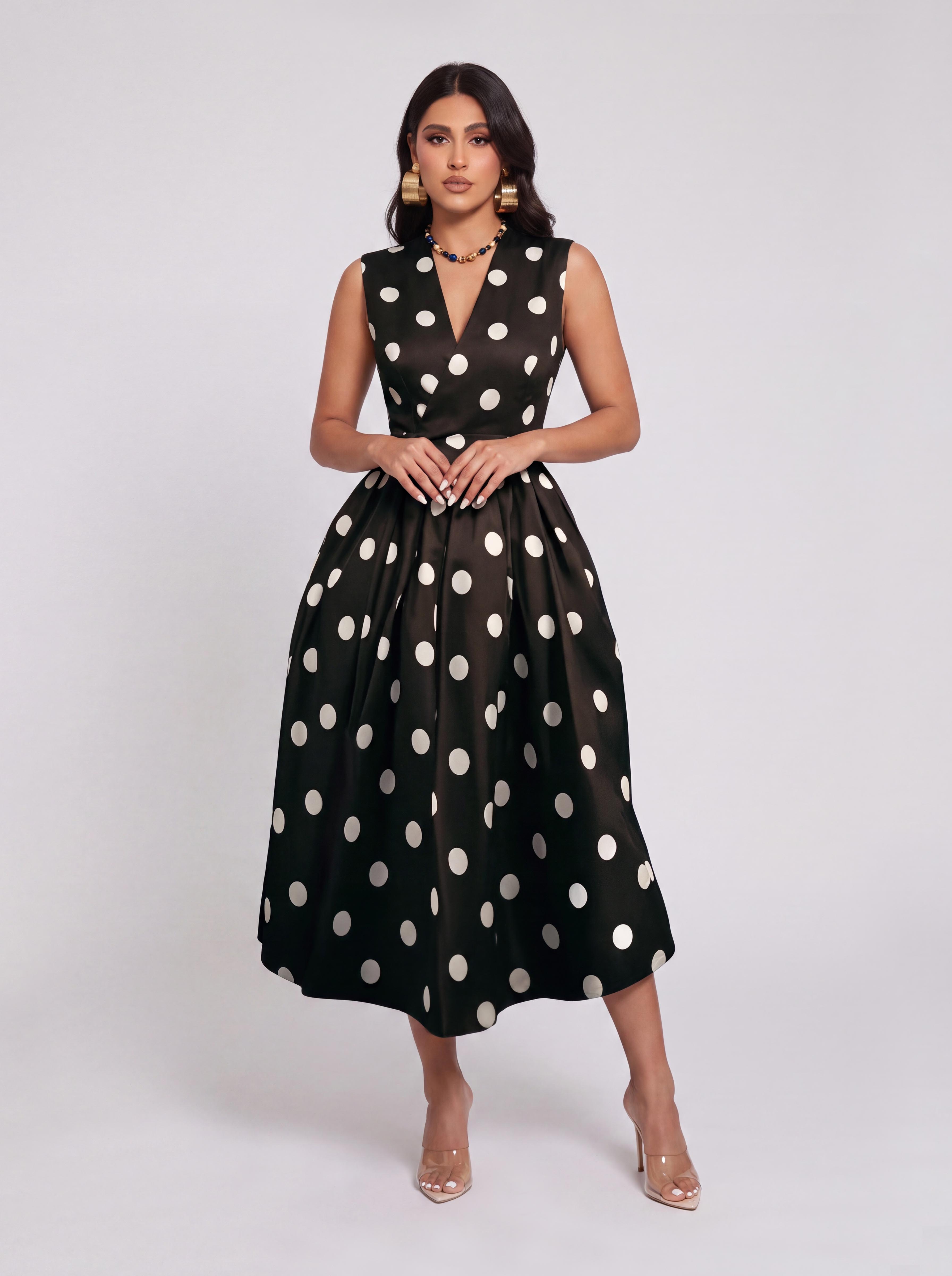 Vintage Polkdot Sleeveless V-neck Tight Waist Mid-length Umbrella Dress