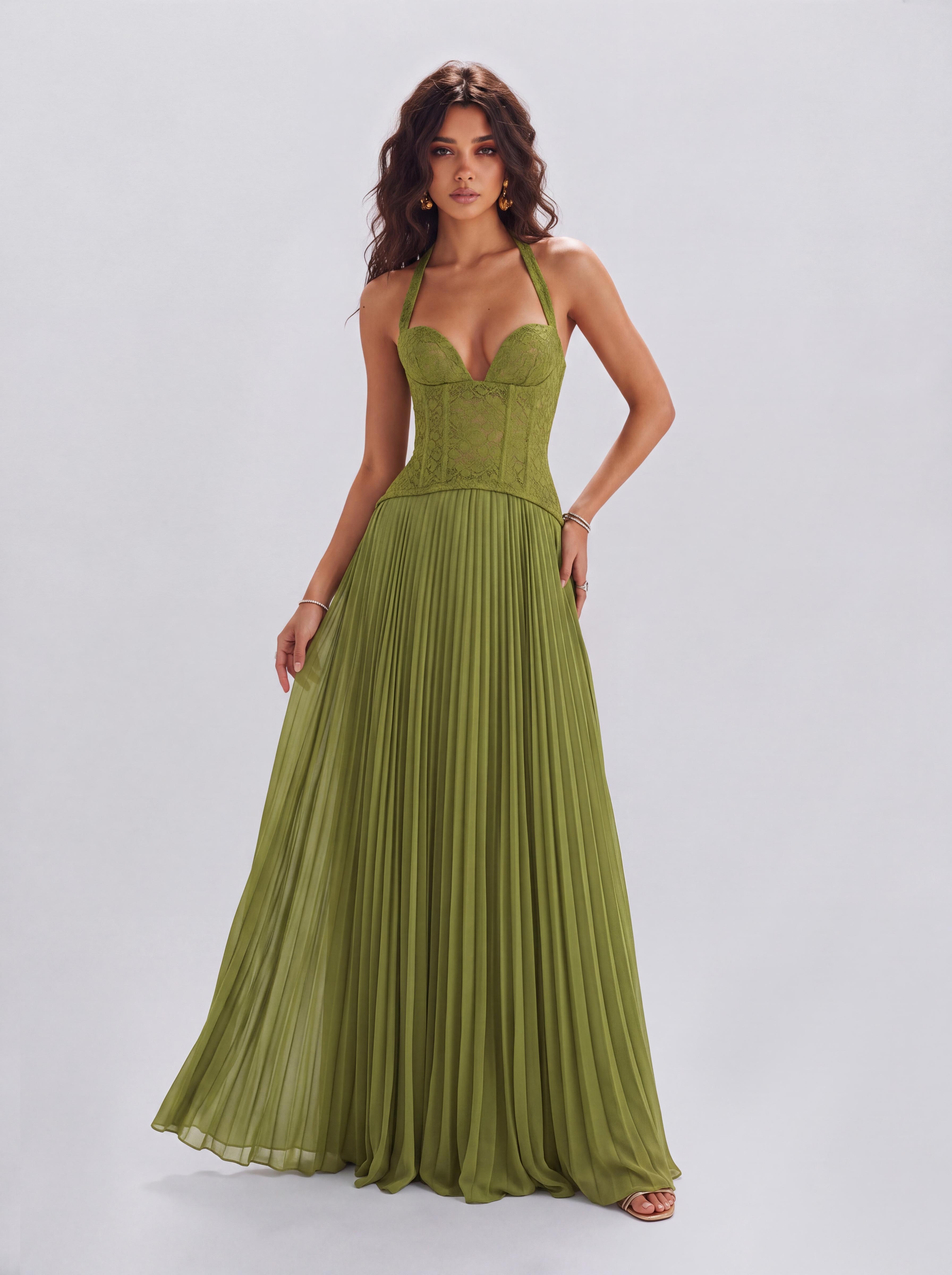 Lace Boom Neck Pleated Long Banquet Dress