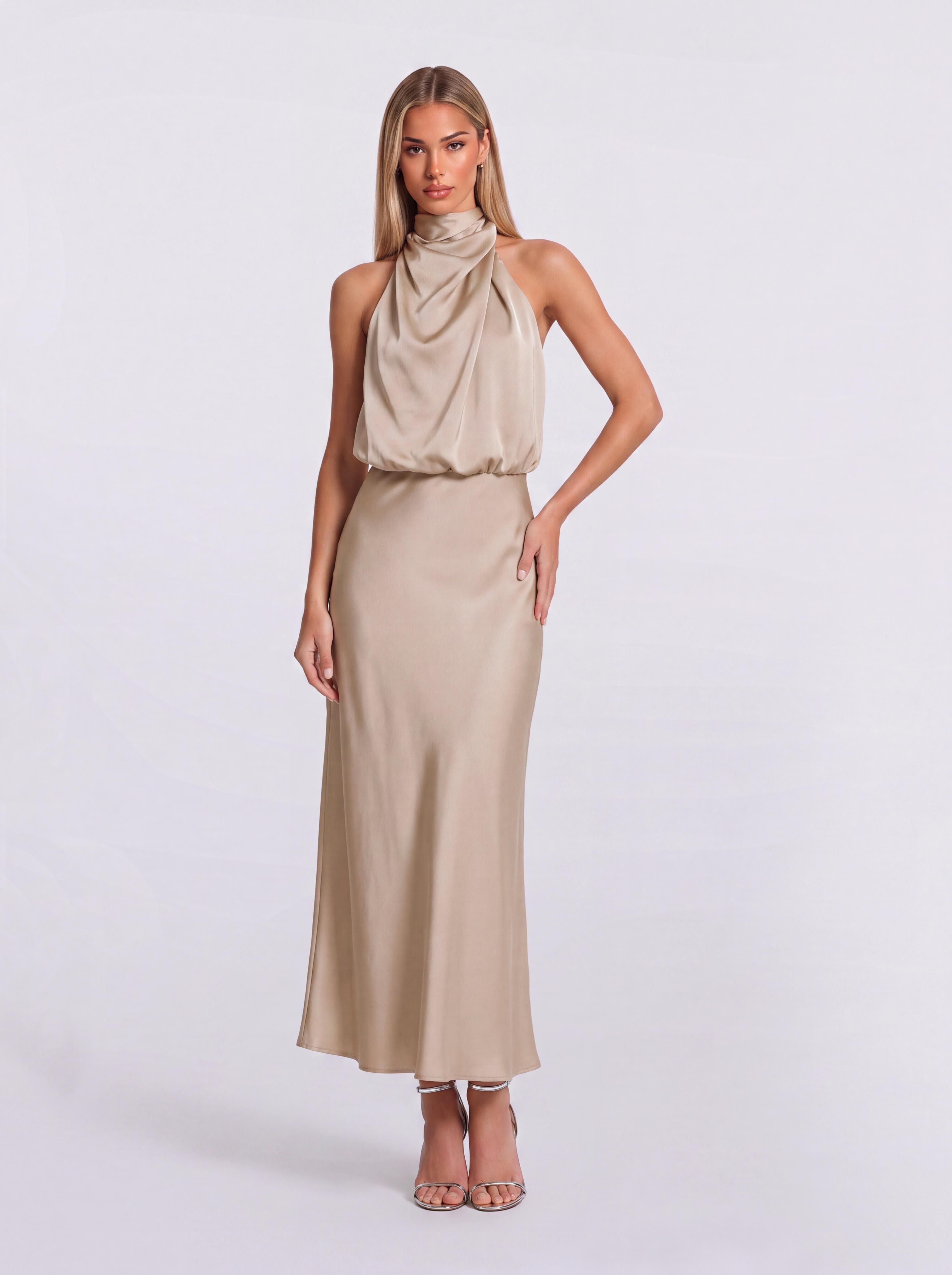 Slim-Fit Fishtail Mid-Length Neck Satin Dress