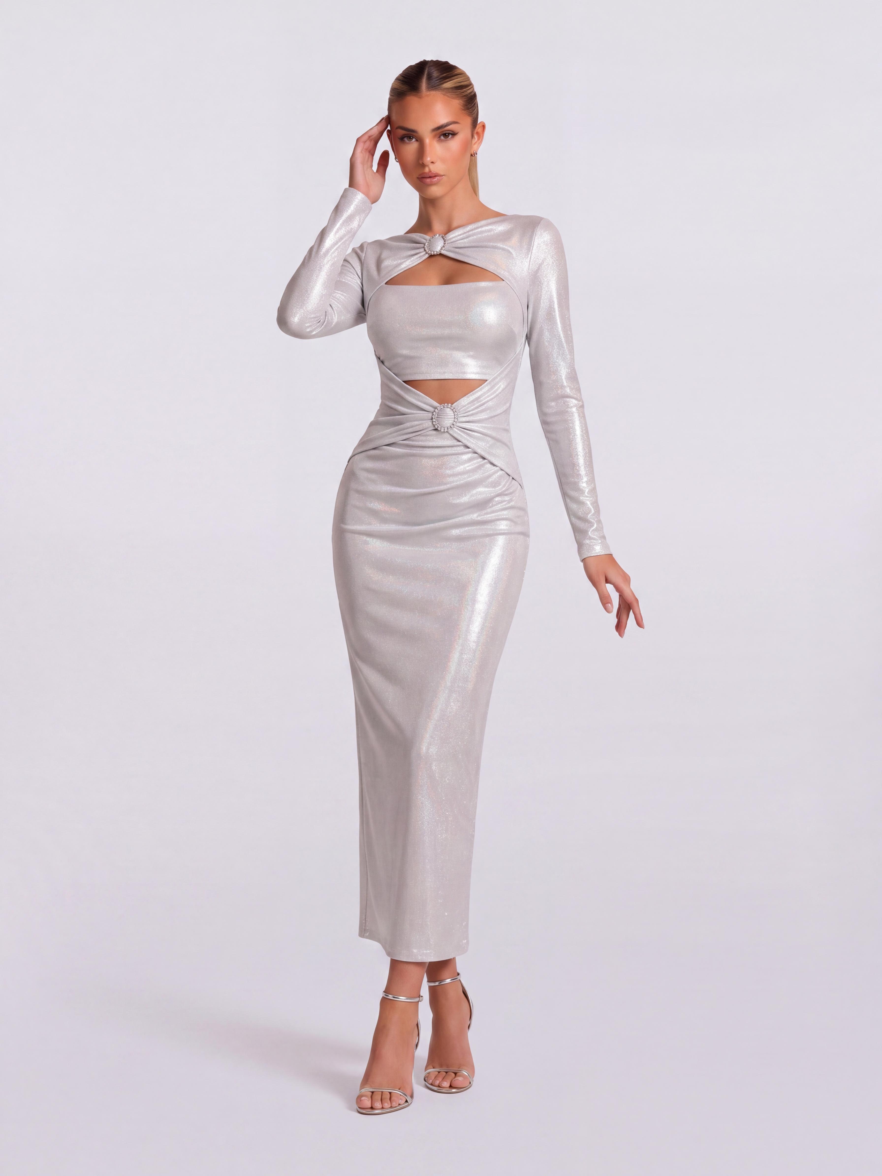 Bright-Face Ring Hollow-Out Long-Sleeved Slim-Fit Hip Mid-Length Dress