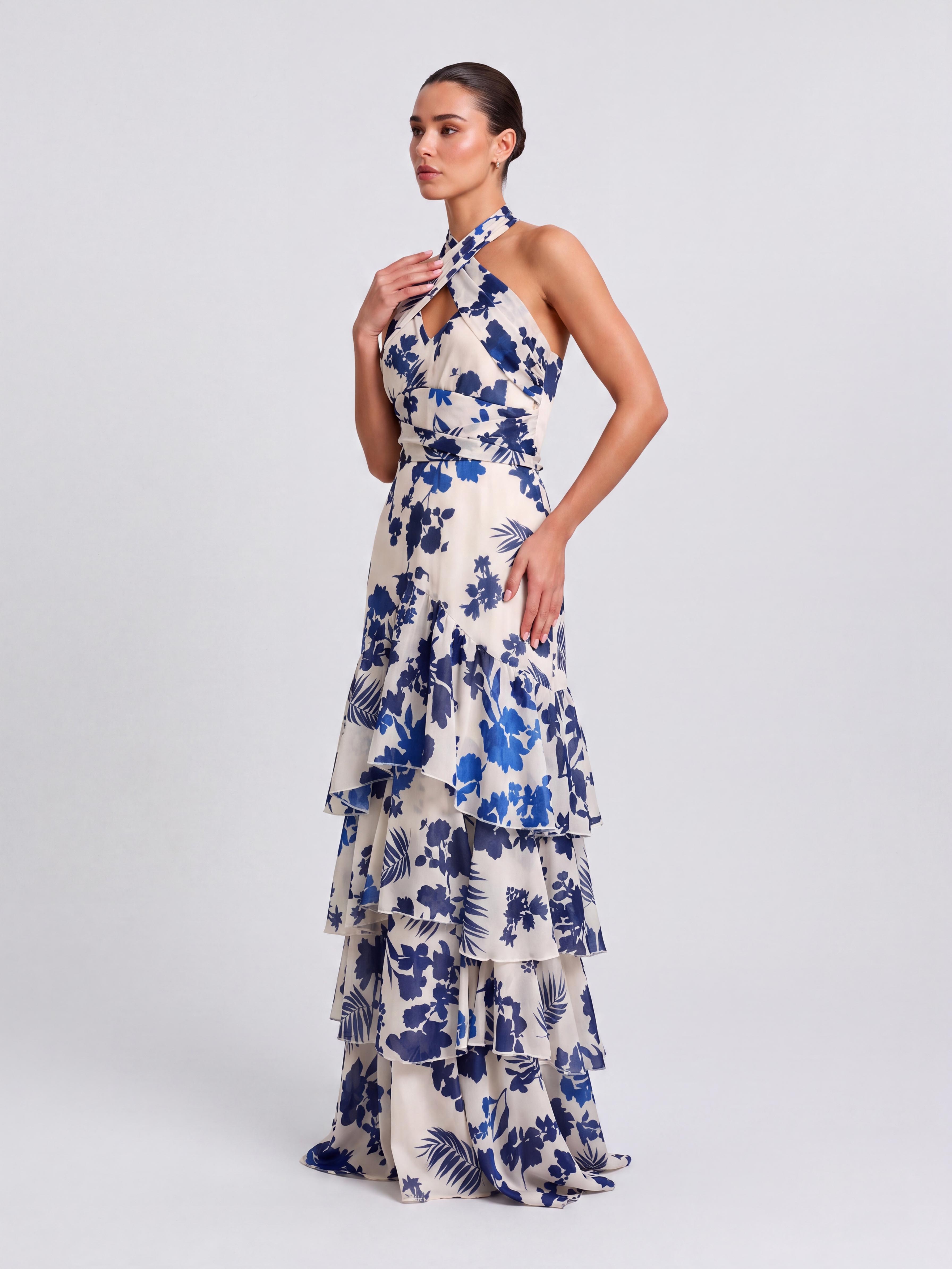 Cross-neck Blue And White Porcelain Printed Tie-waist Multi-layer Ruffled Split Long Dress