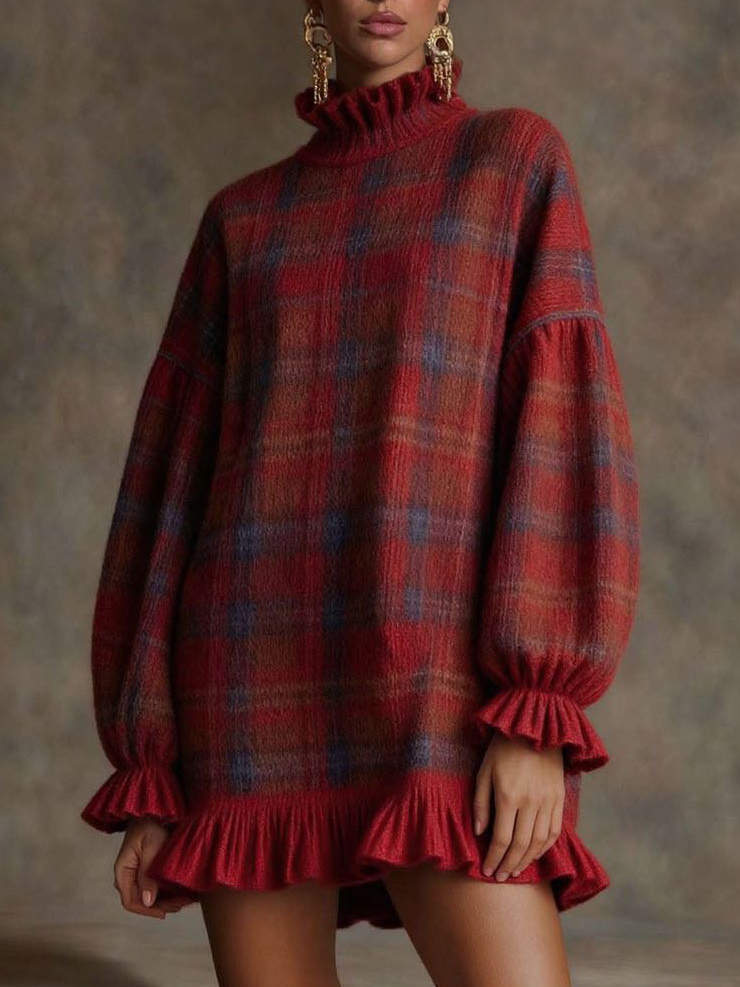 Casual Plaid Fun Ruffle Sweater Dress