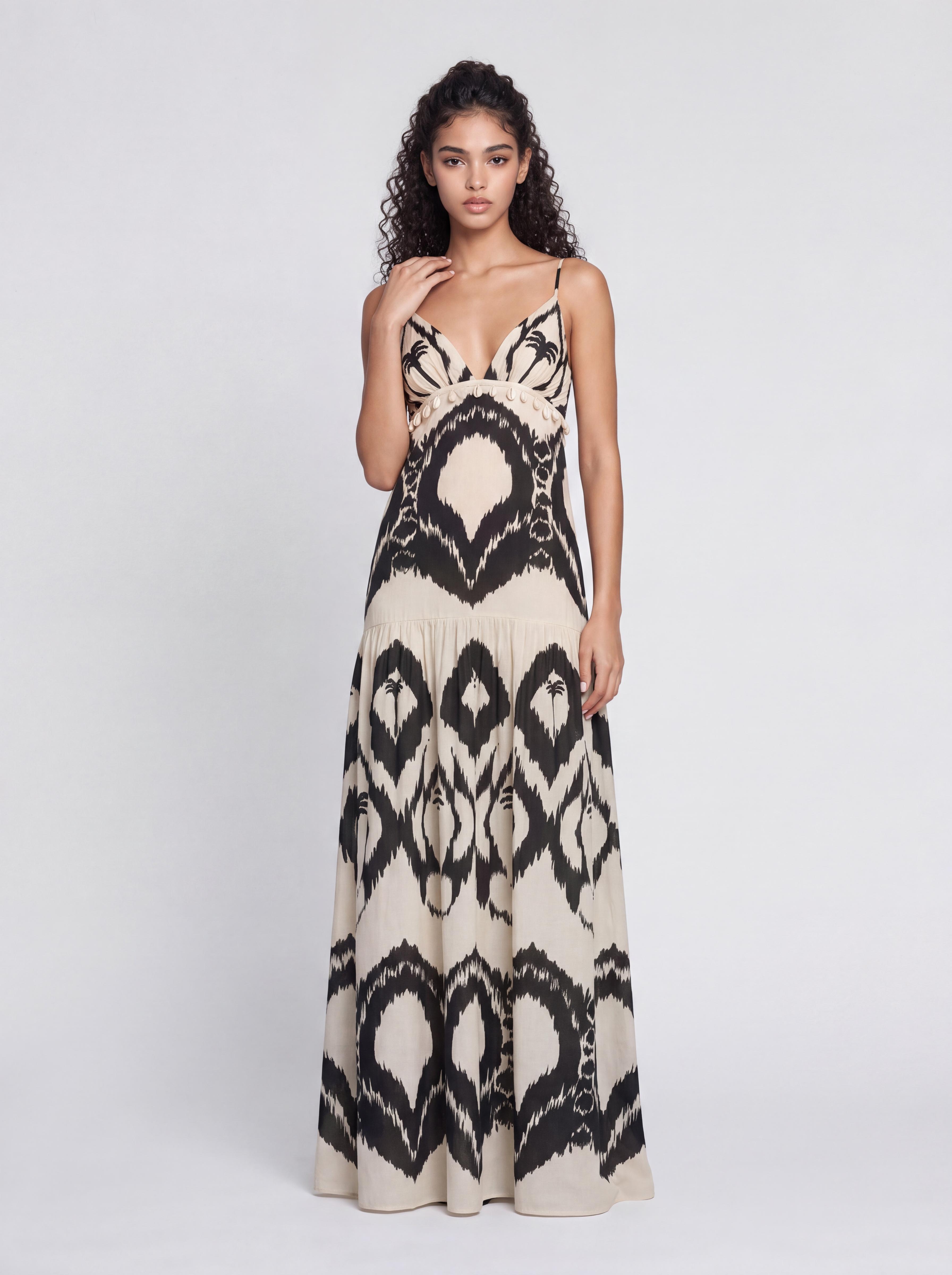 Vintage Black And White Coconut Tree Tie-Dye V-Neck Thin Shoulder Strap Shell Decoration Holiday Strap Long Dress