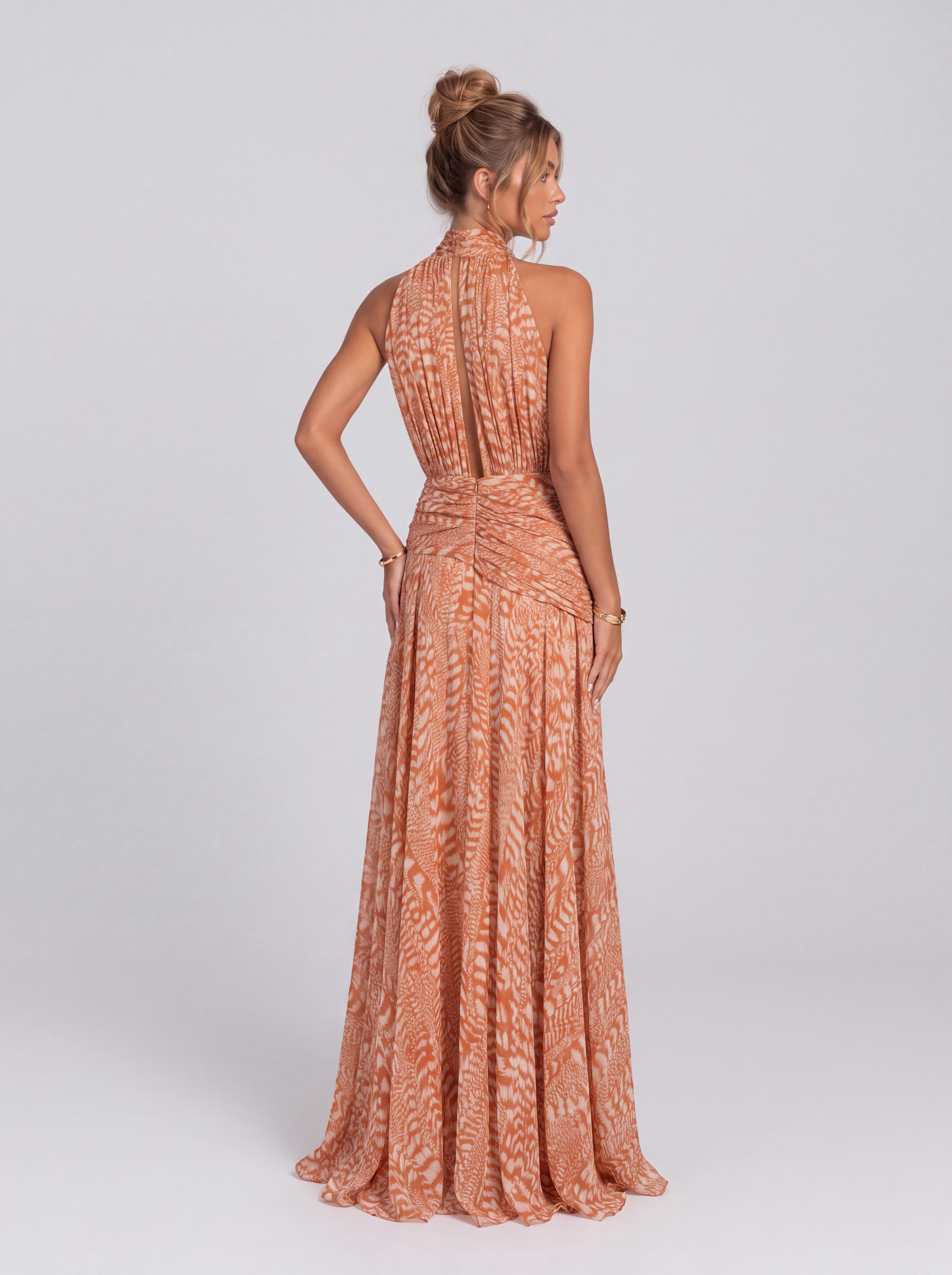 Caramel Textured Strap Lap Collar Sleeveless Tight Waist Pleated Vacation Long Dress