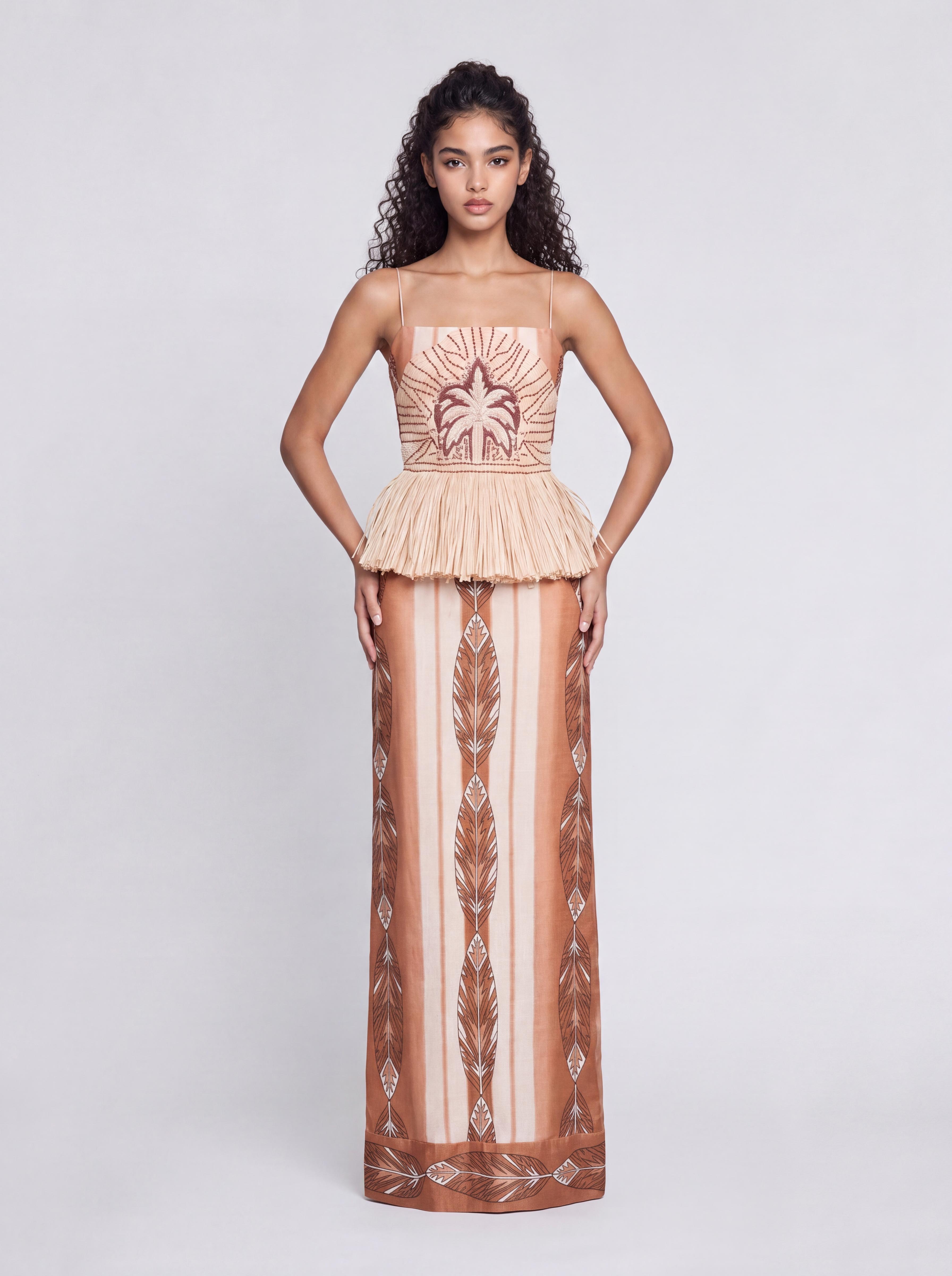 Bohemian Fine Strap Tassel-Patched Palm Feather Print Long Dress