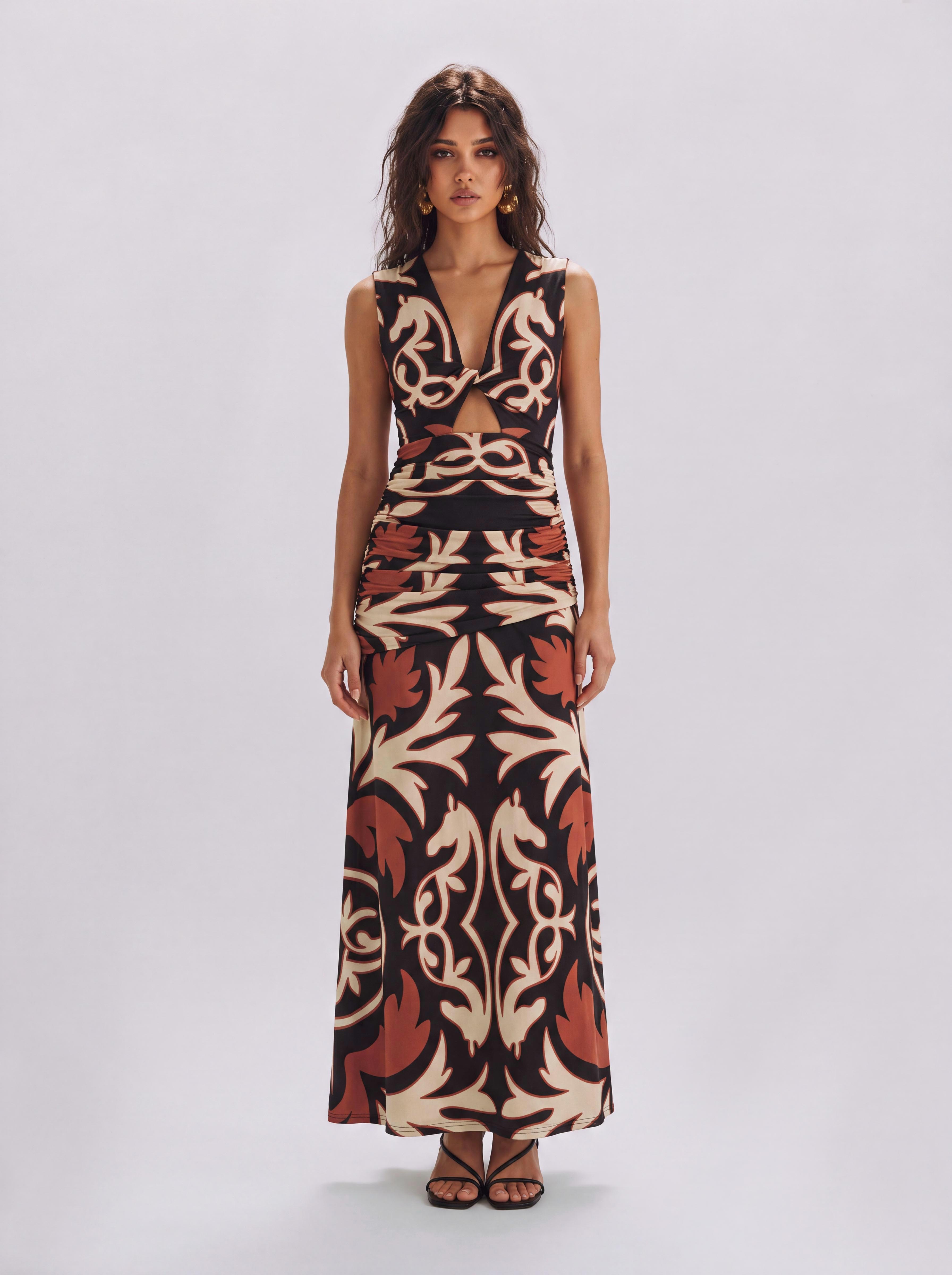 Vintage Horse Pattern Kink Deep V Sleeveless Cut-Waist Drape Slim-Fit Long Dress