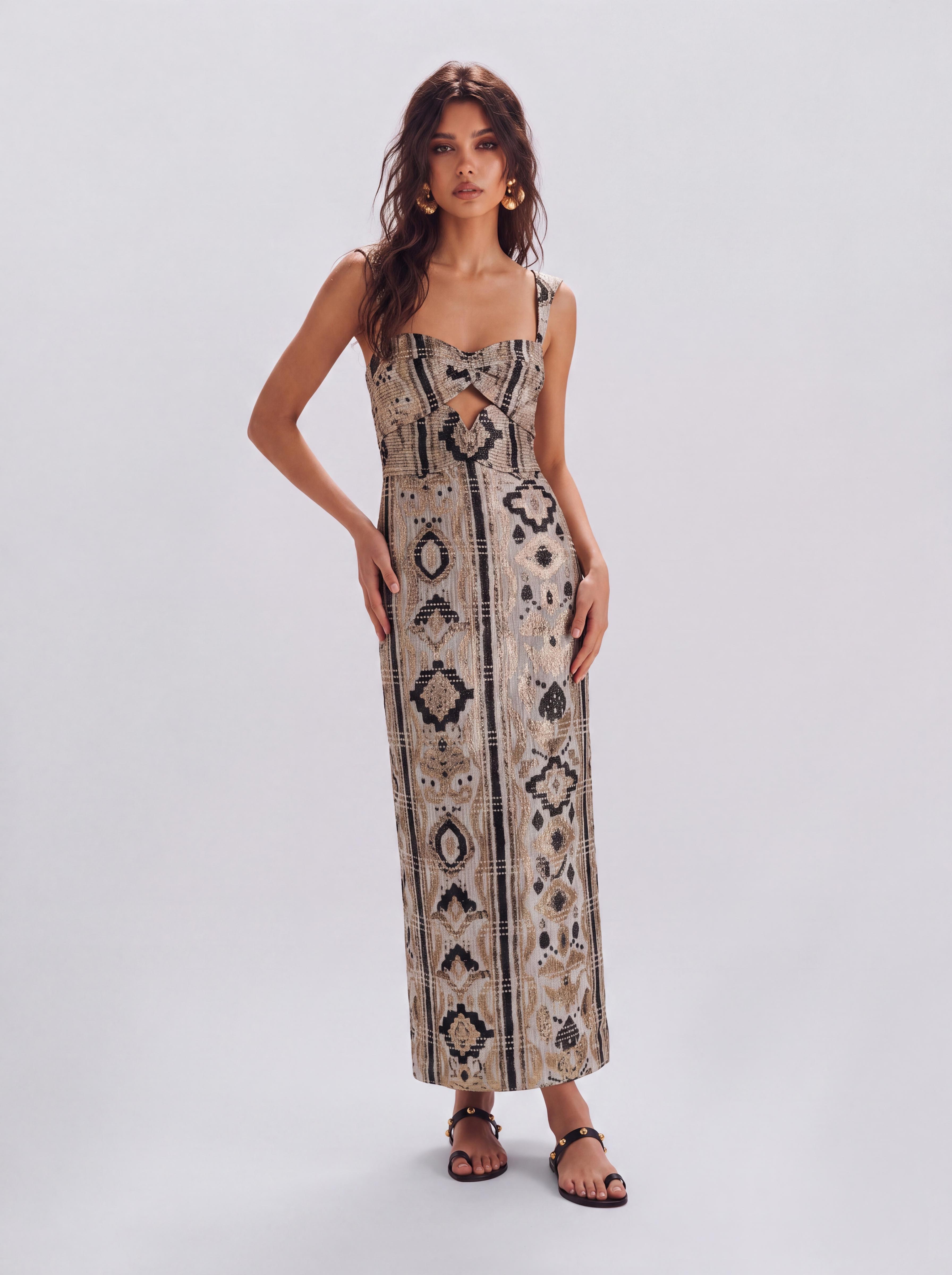 Bohemian Jacquard Square-Collar Cutout Tight Waist Mid-Length Sling Dress