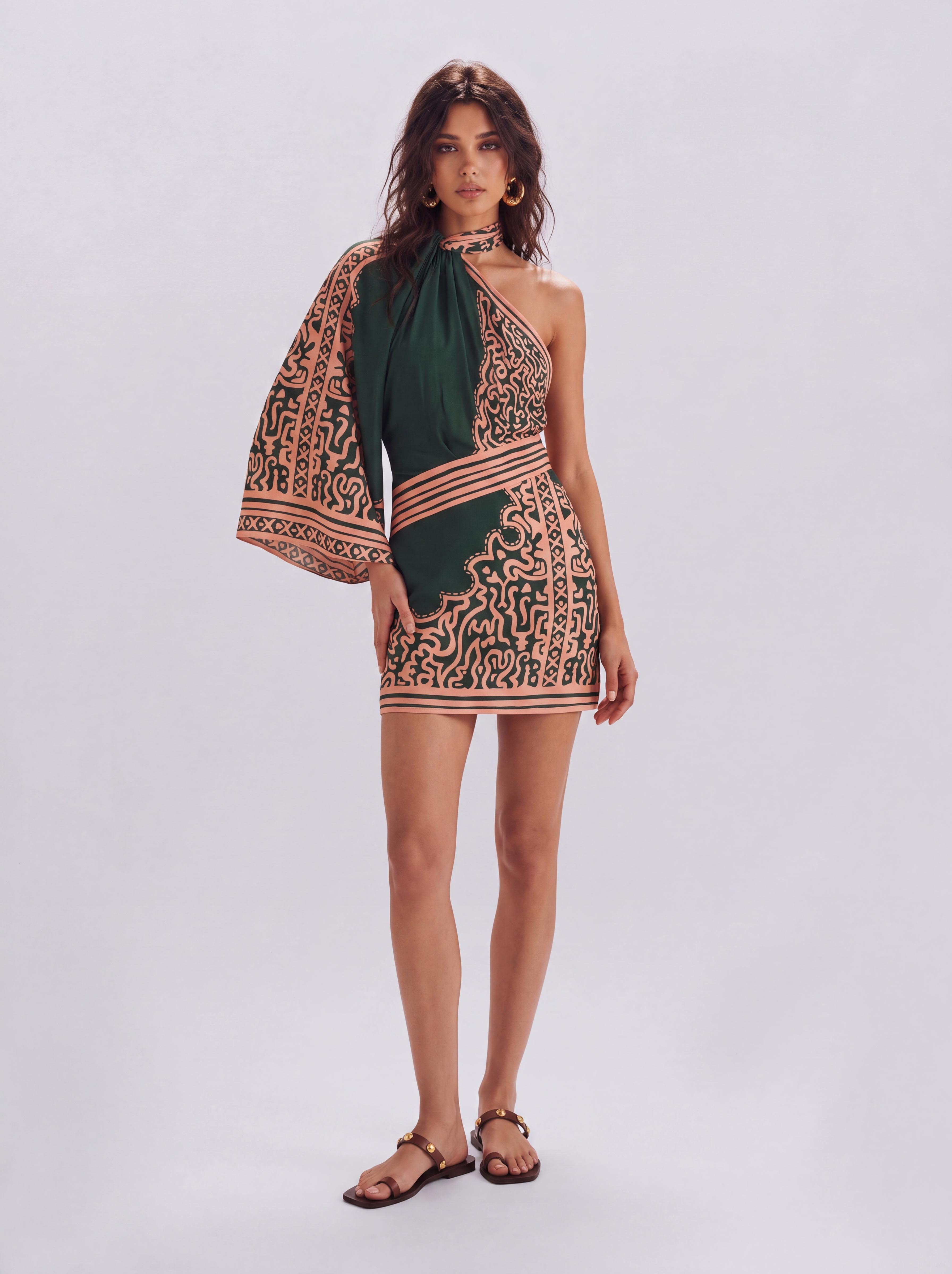 Vintage Ethnic Printed Neck Single Bell Sleeve Tight Short Dress