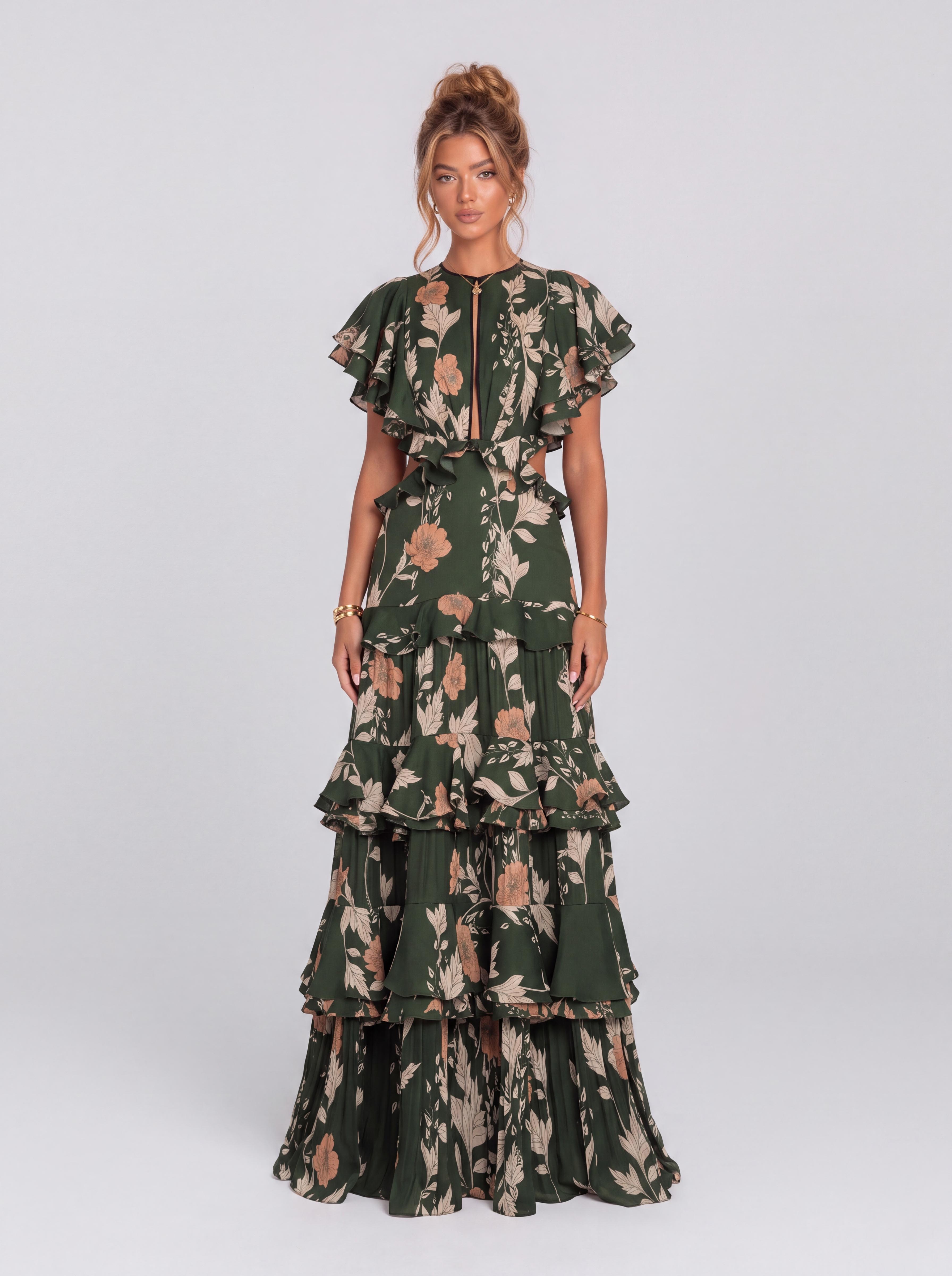 Dark Green Floral Ruffled Waist Layered Long Holiday Dress