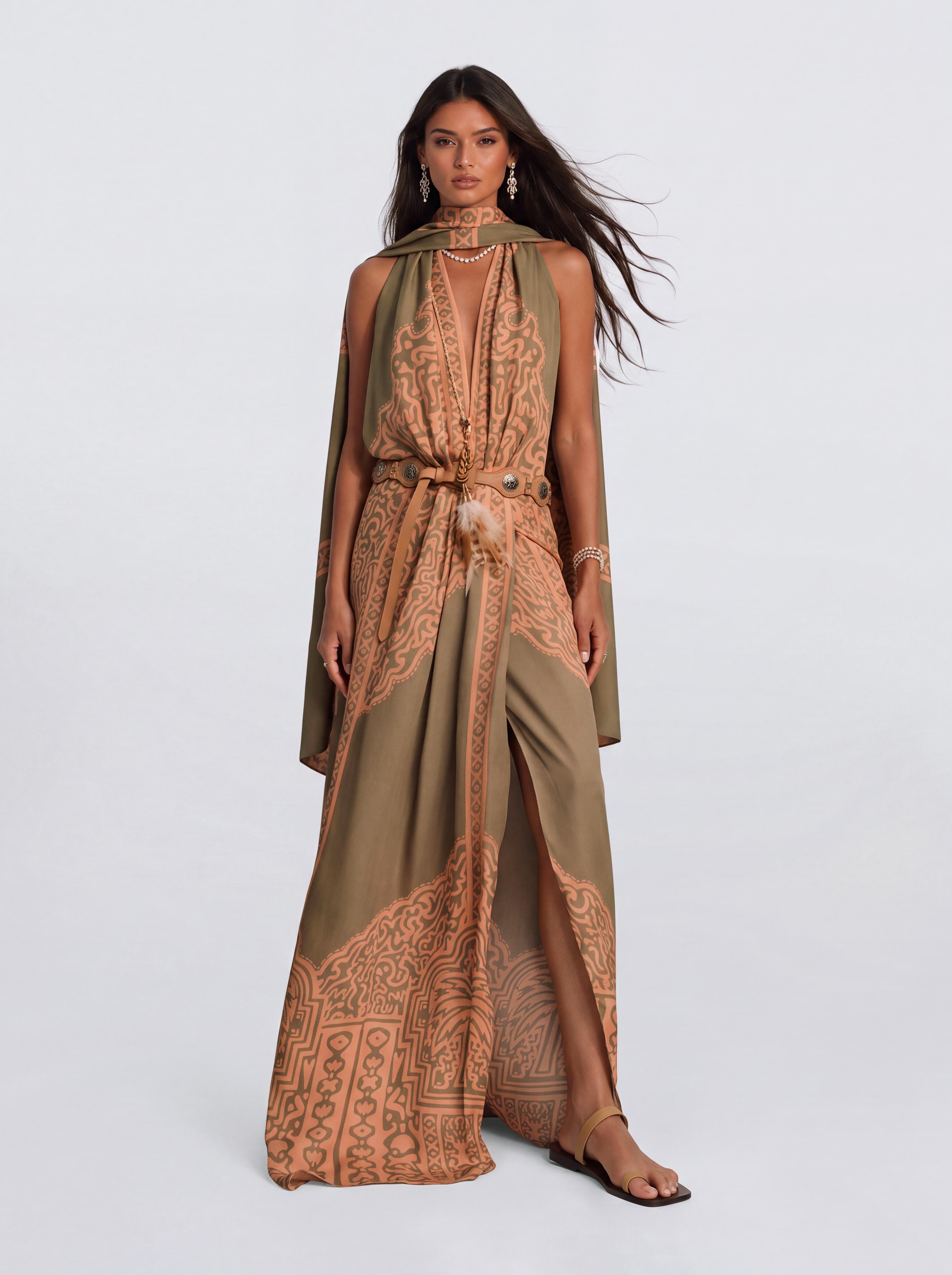 Vintage Ethnic Print Long Dress With Deep V-Shed Neck