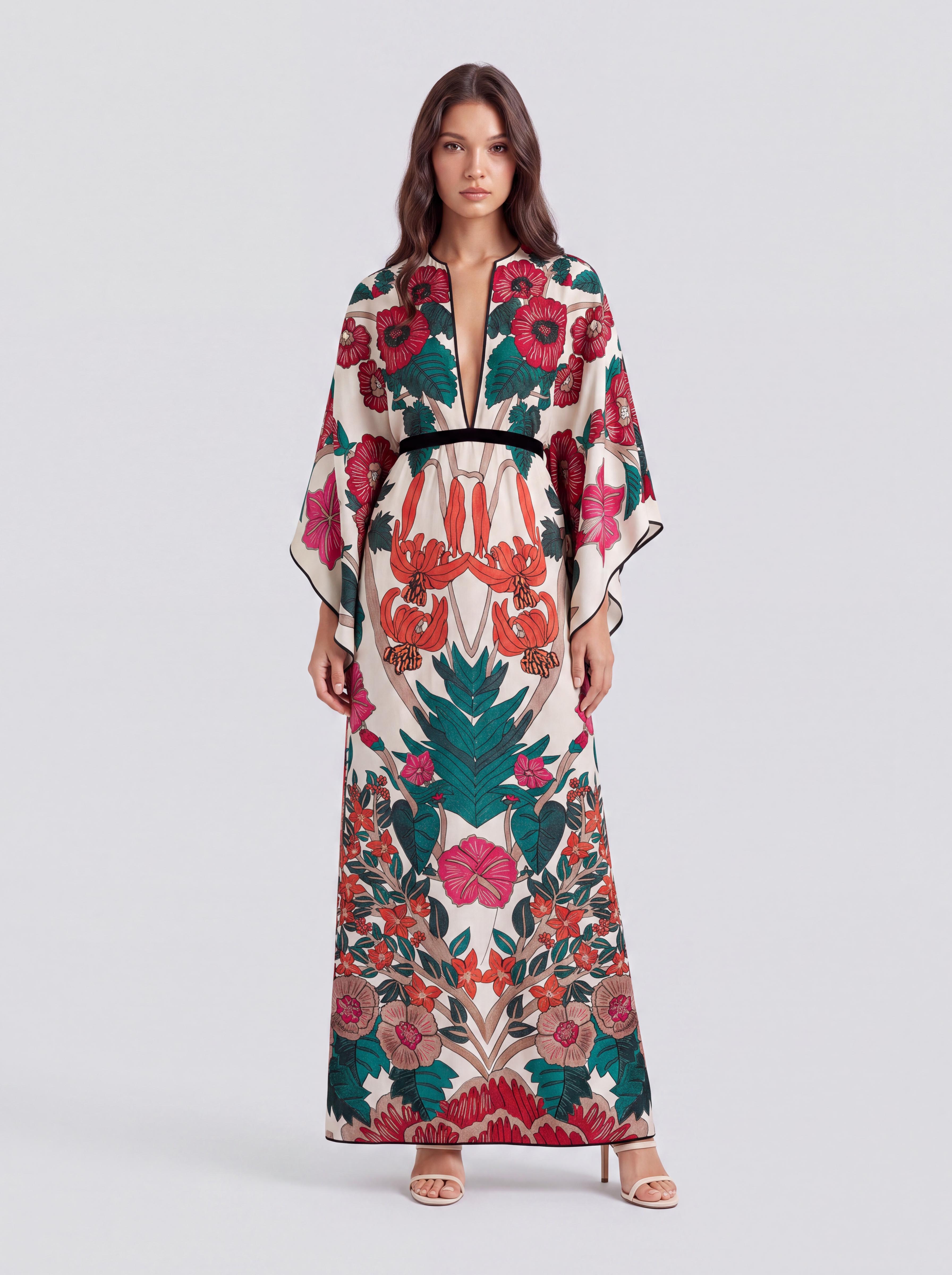 Vintage Large Floral Print Trumpet Sleeve Tight Waist Long Vacation Dress