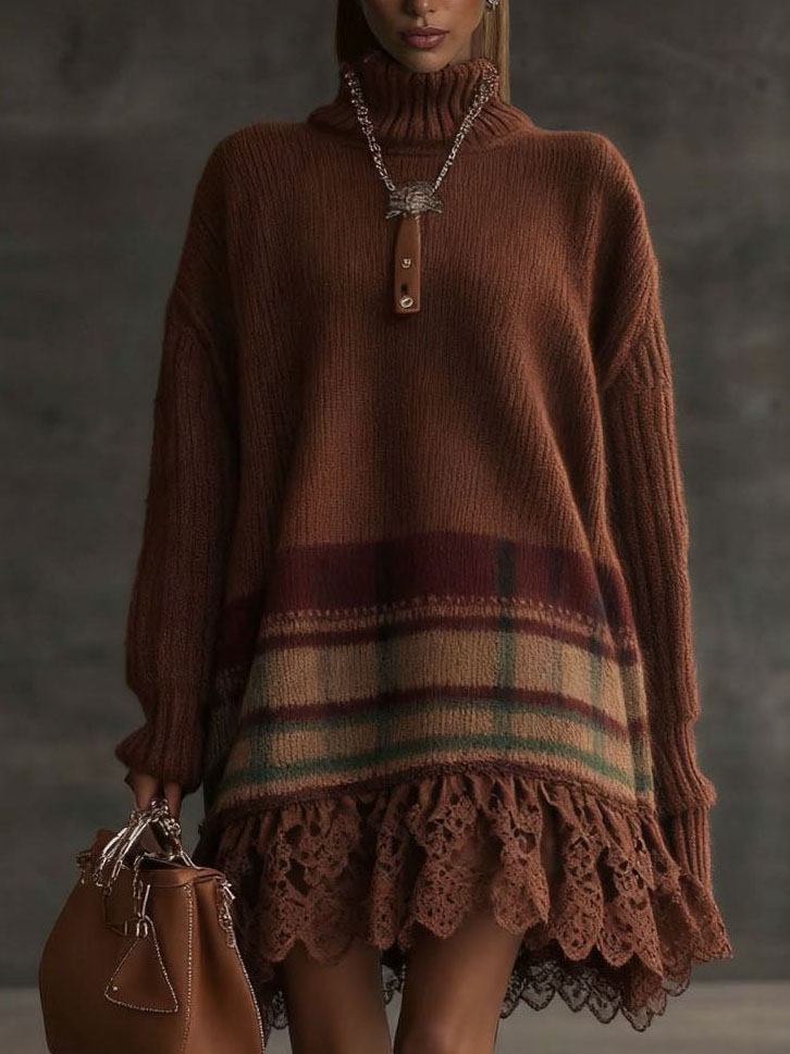 Elegant High-neck Plaid Sweater Dress