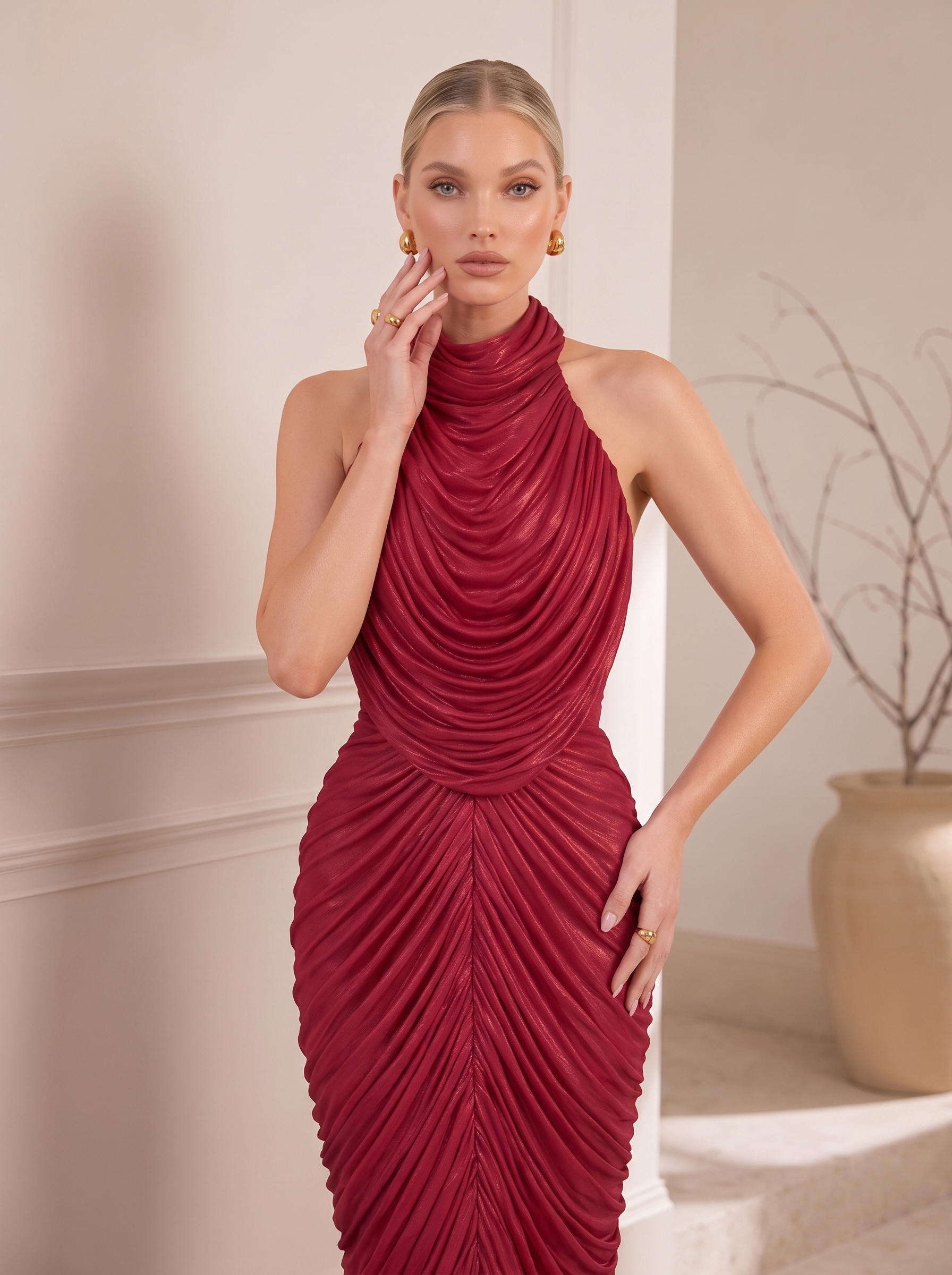 Halter Neck Metallic Pleated Mermaid Evening Gown