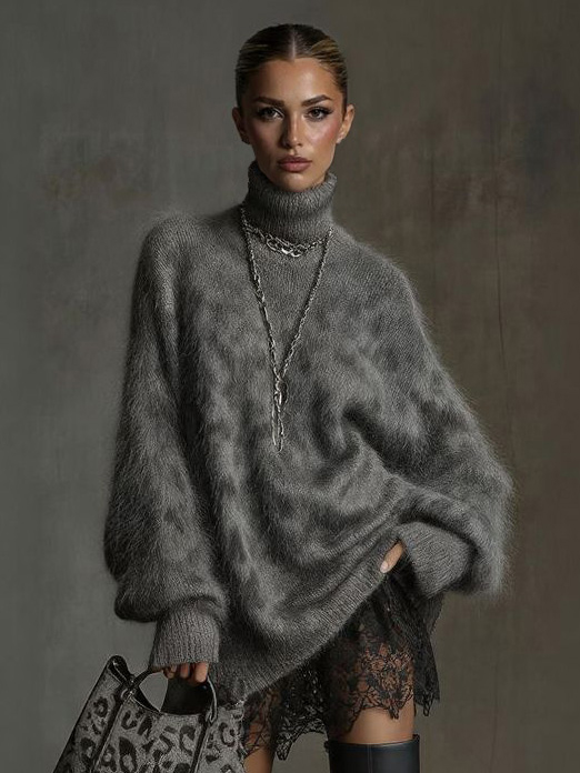 Casual High-neck Leopard-print Knitted Sweater