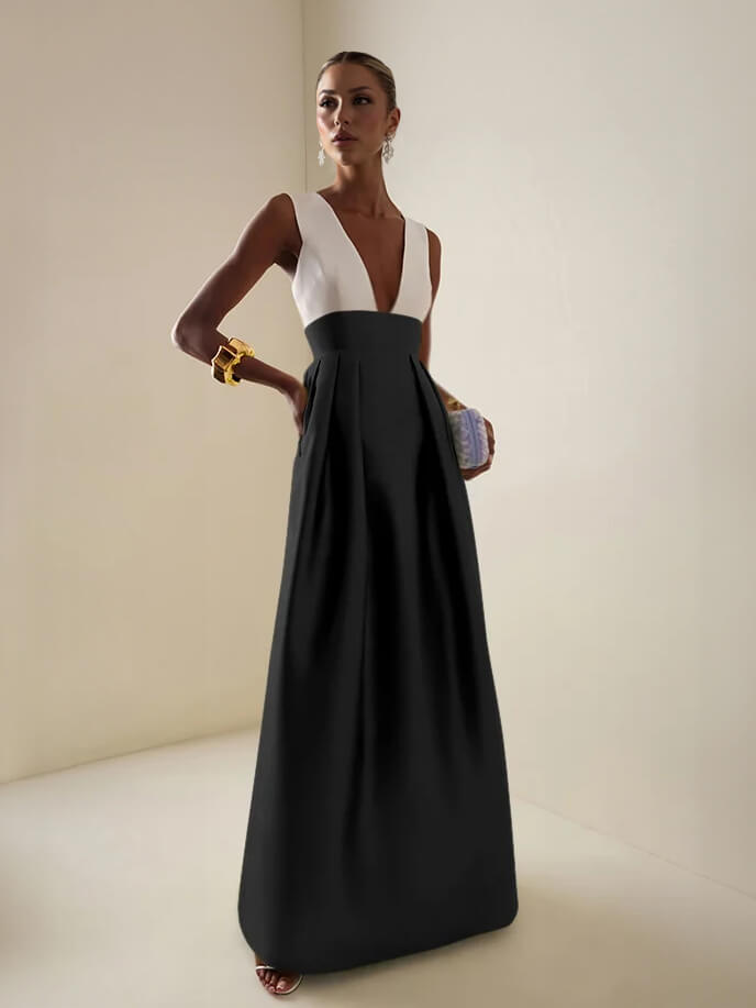 Elegant Deep V-Neck Colorblock Ruched A-Line Maxi Dress
