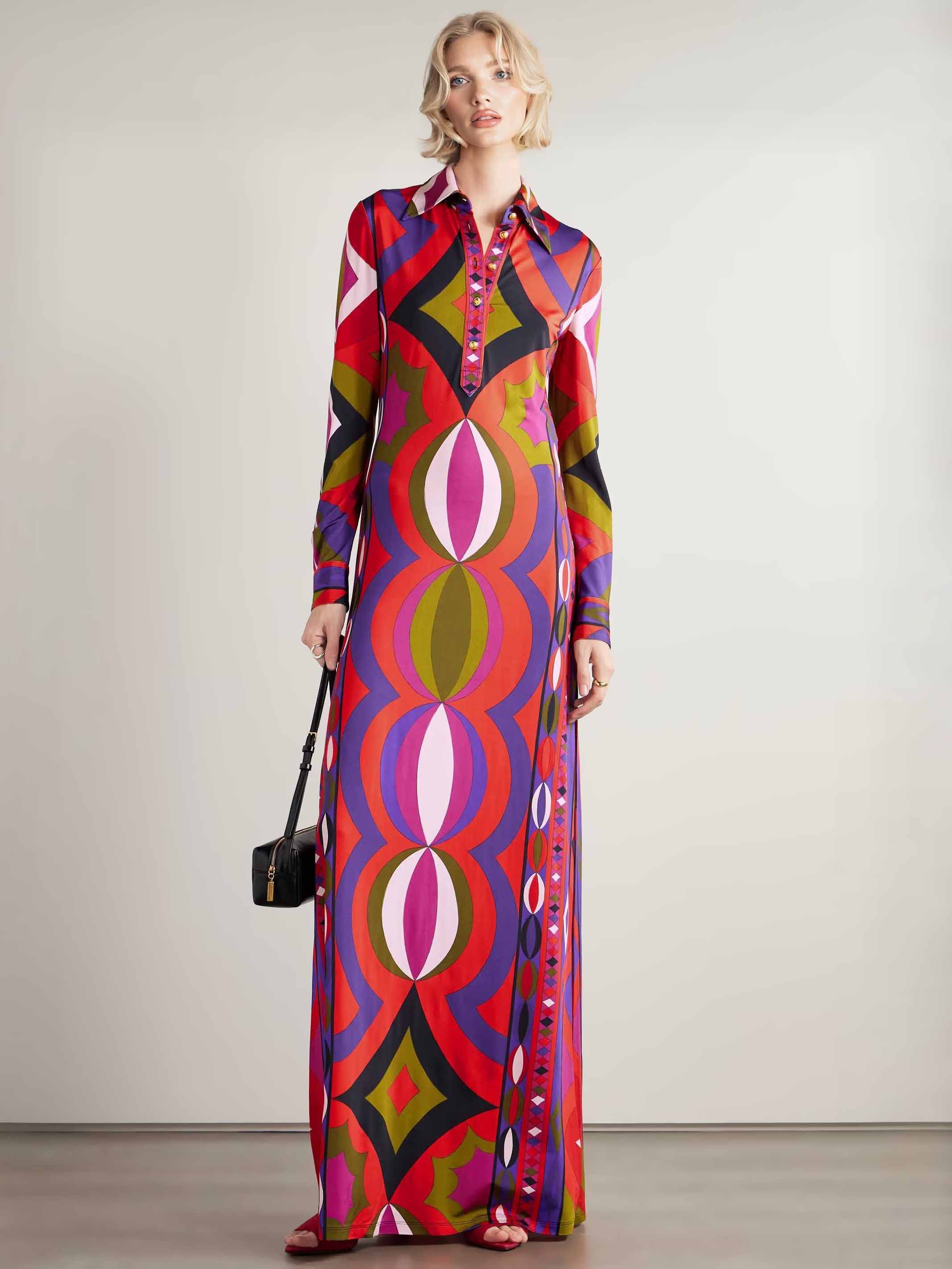 Unique Retro Abstract Print Shirt Collar Maxi Dress