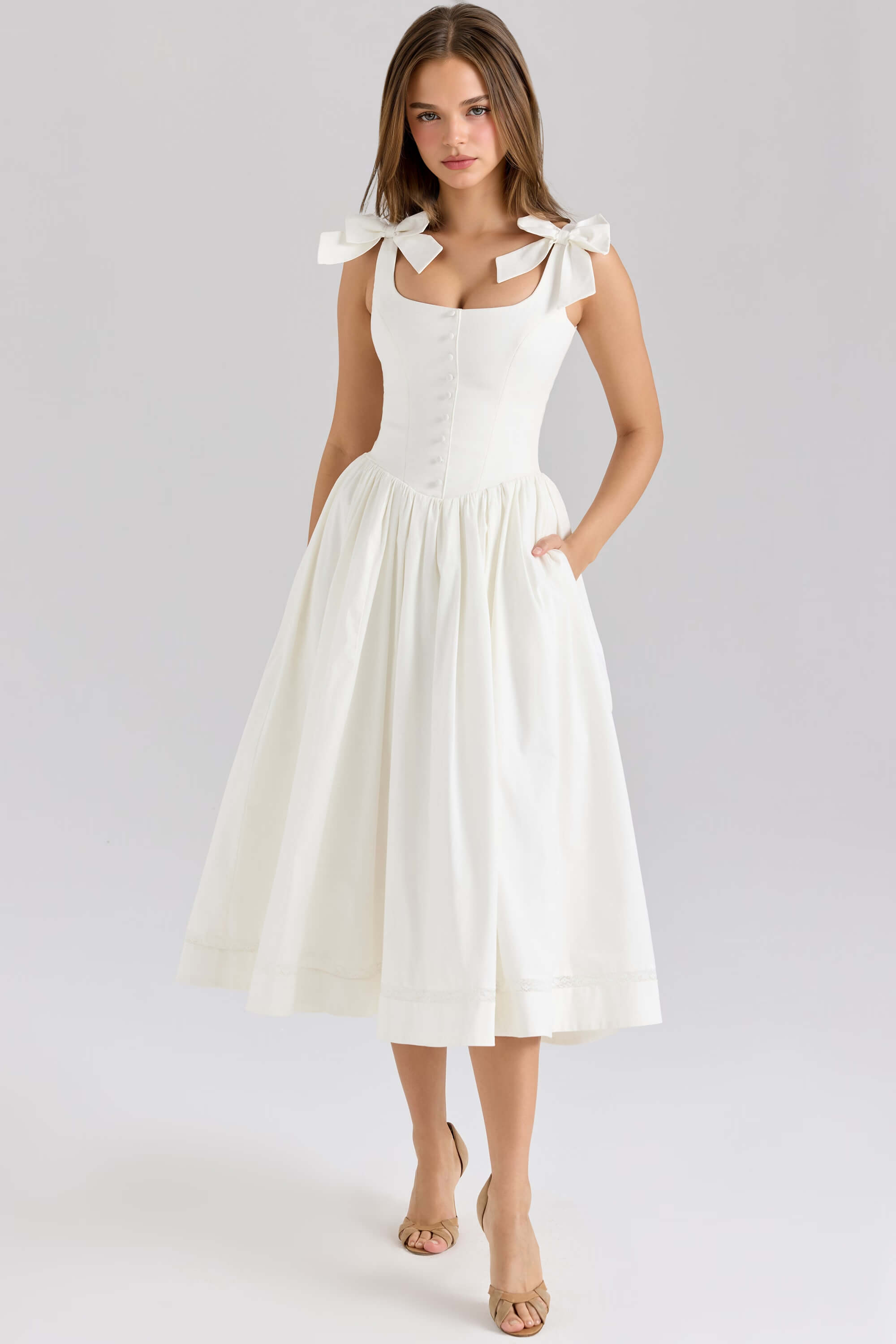 Retro Drape Bow Pleated Midi Dress