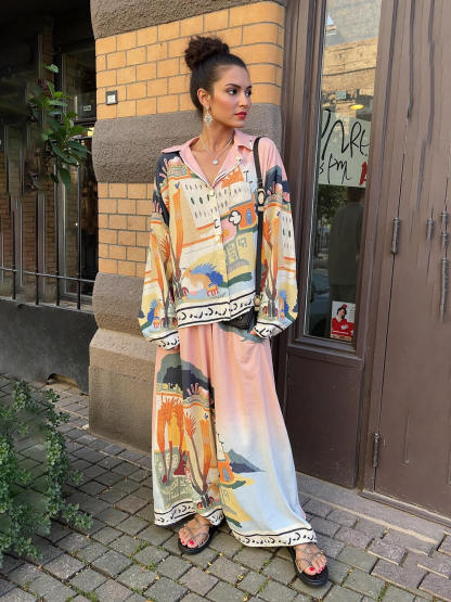 Unique Satin Landscape Print Loose Elastic Waist Pocket Wide Leg Pants