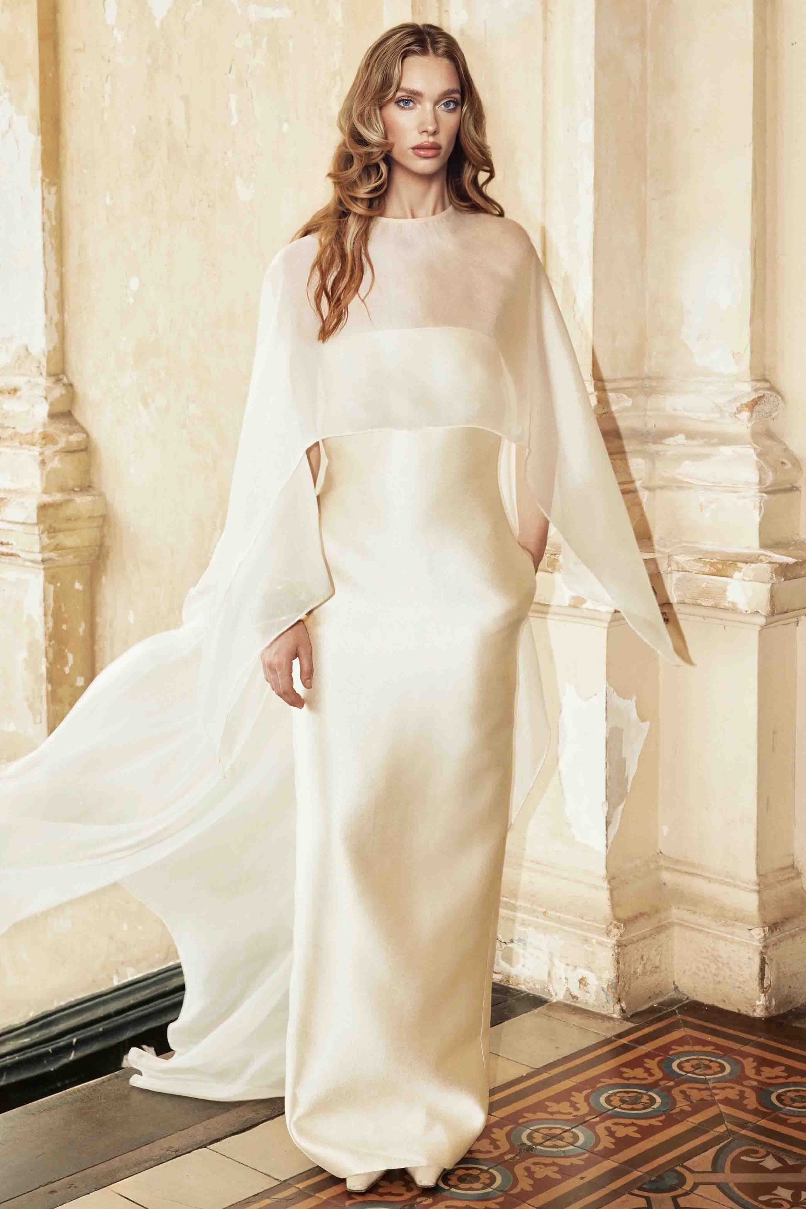 Elegant Sheer Cape Overlay Satin Maxi Dress