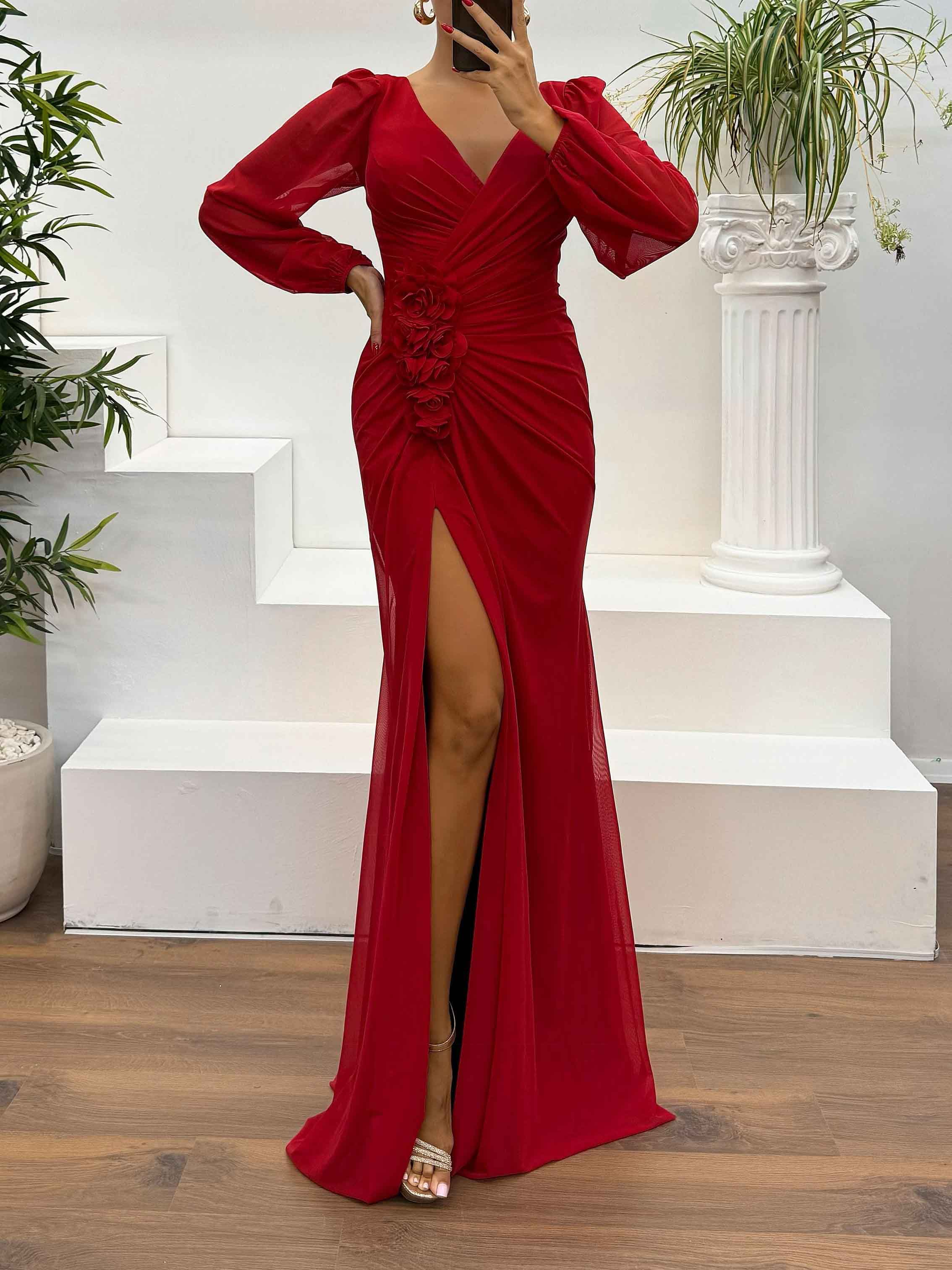 Elegant V-Neck Ruched Floral Slit Maxi Dress