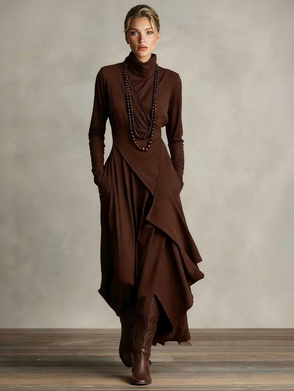 Elegant High-Neck Draped Asymmetrical Maxi Dress