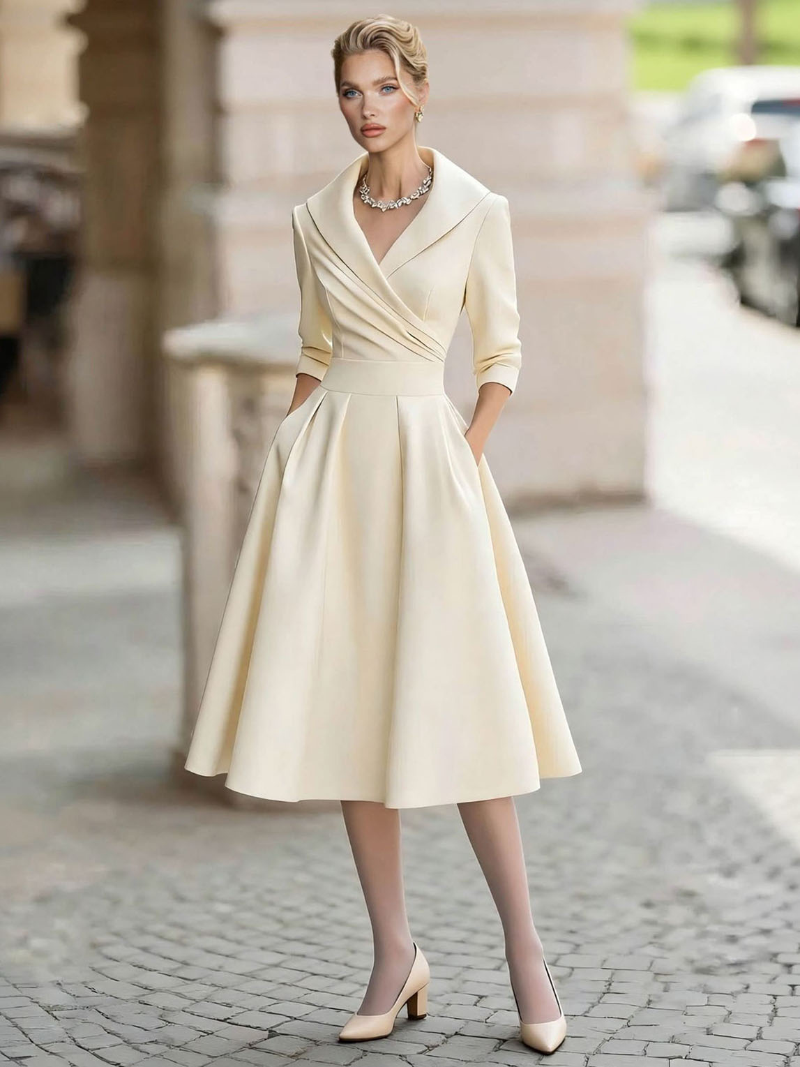 Elegant V-neck Long-sleeved Midi Dress