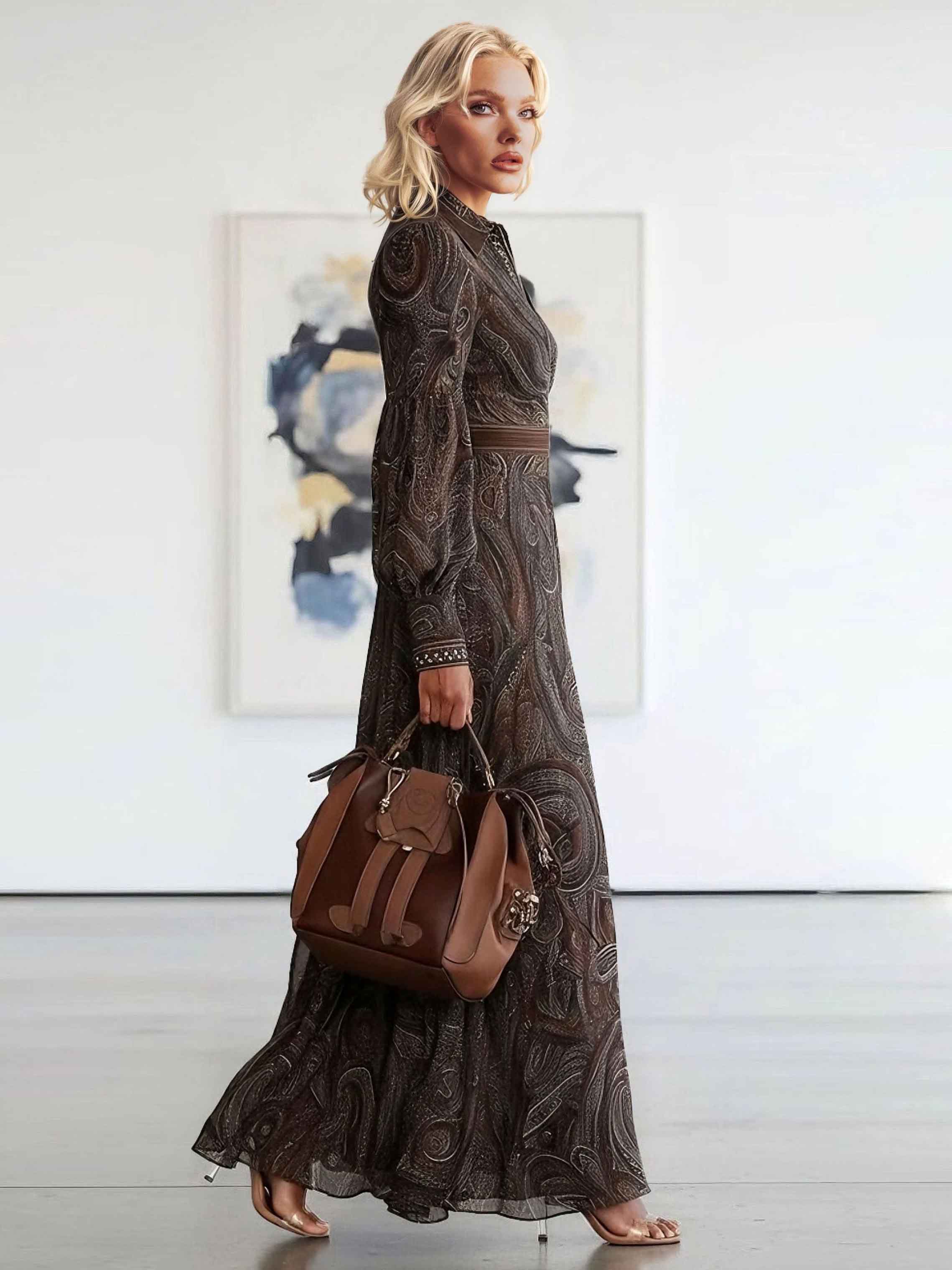 Retro Paisley Print Zipper Maxi Dress