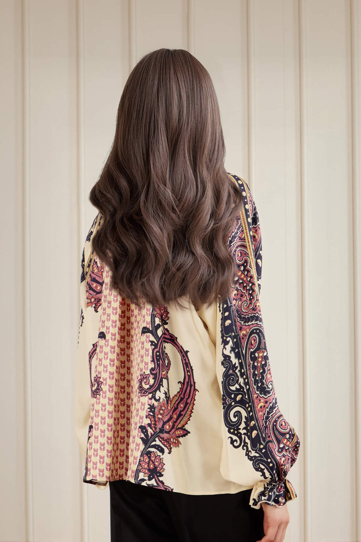 Exquisite Bow Ruffle Floral Printed Satin Twill Blouse