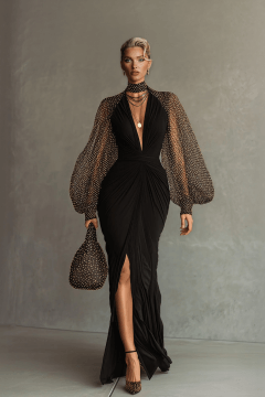 Elegant Mesh Polka Dot Ruched Waist Front-Slit Maxi Dress