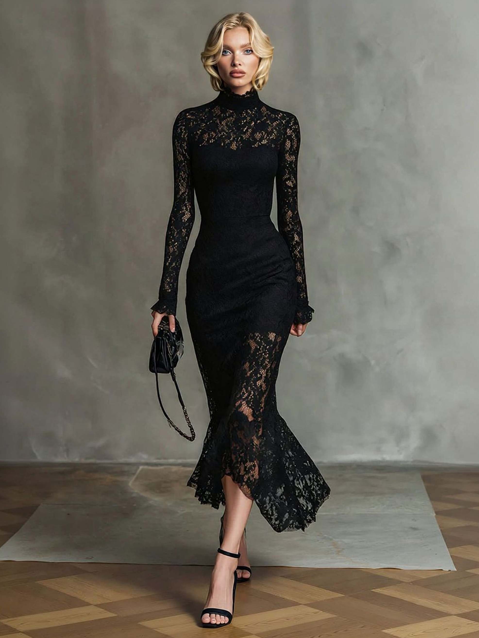Exquisite High-neck Lace Fishtail Maxi Dress