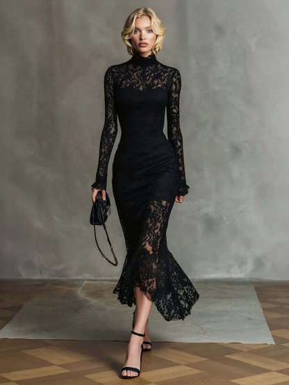 Exquisite High-neck Lace Fishtail Maxi Dress