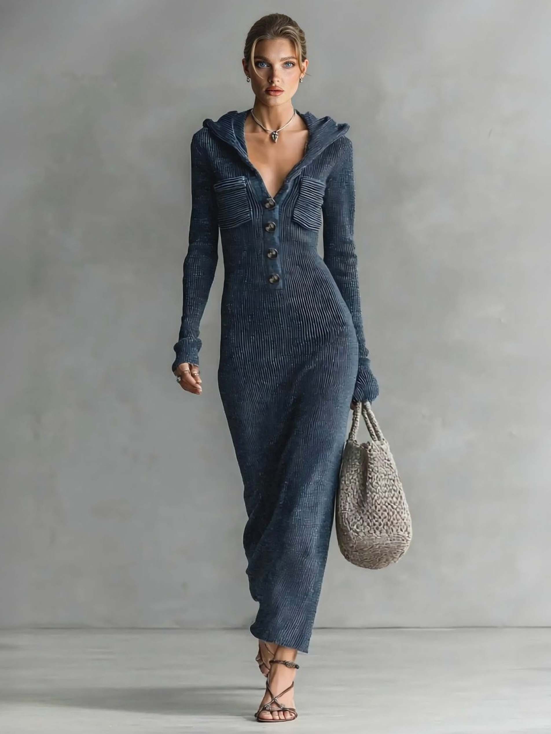 Casual Hooded Knitted Slim-fit Maxi Dress