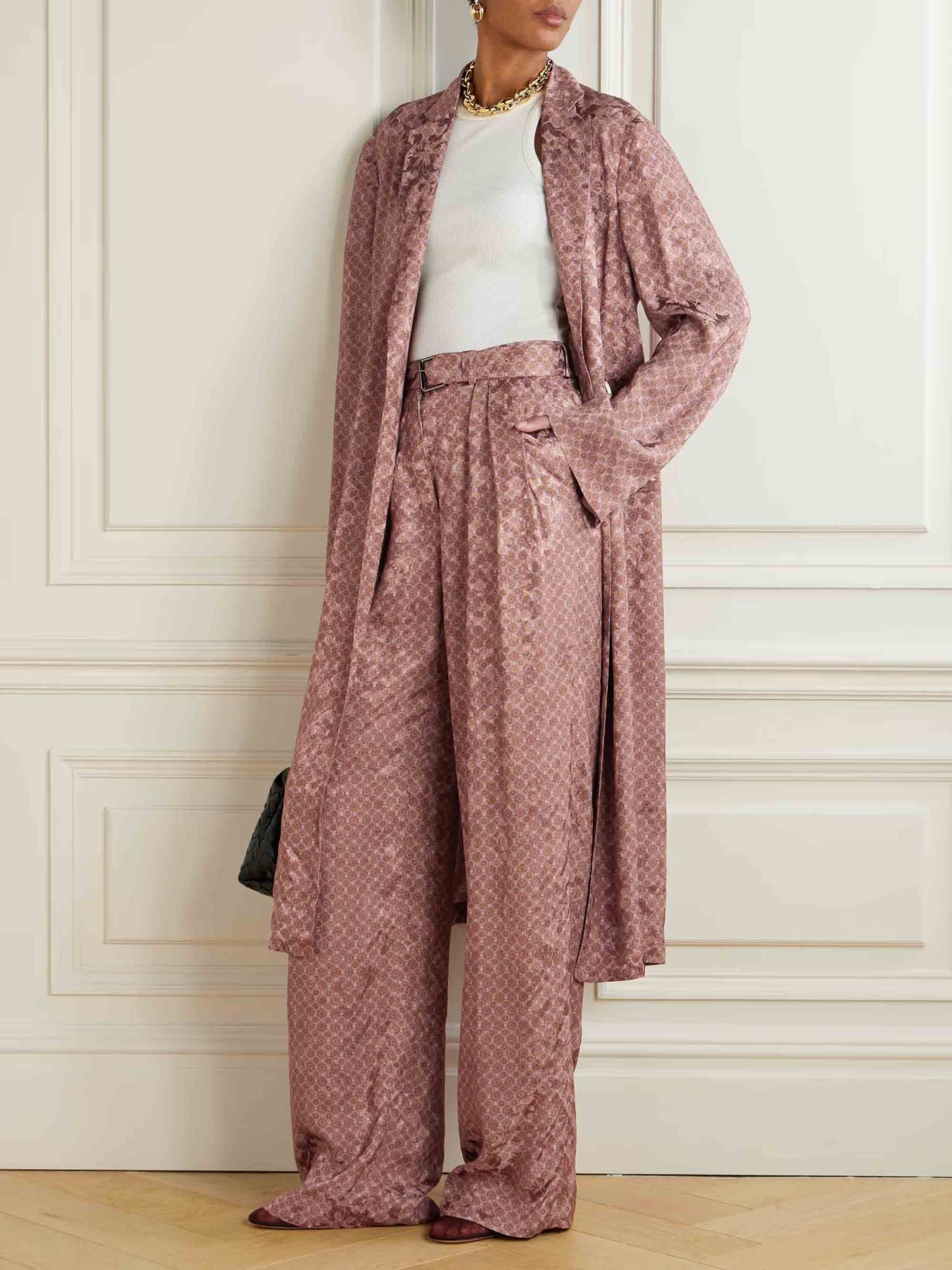 Retro Exquisite Geometric Print High Waist Tie Wide Leg Pants