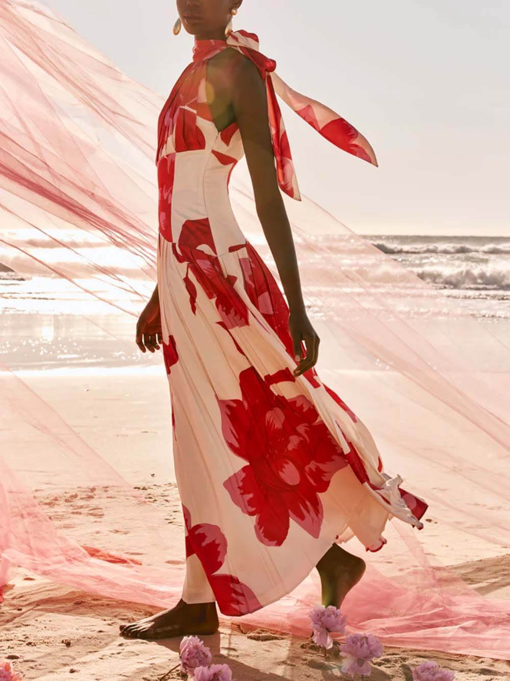 Elegant Printed Satin Ruched Backless Ruffle Maxi Dress