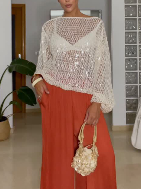 Elegant Sequined Cutout Long-Sleeved Sweater