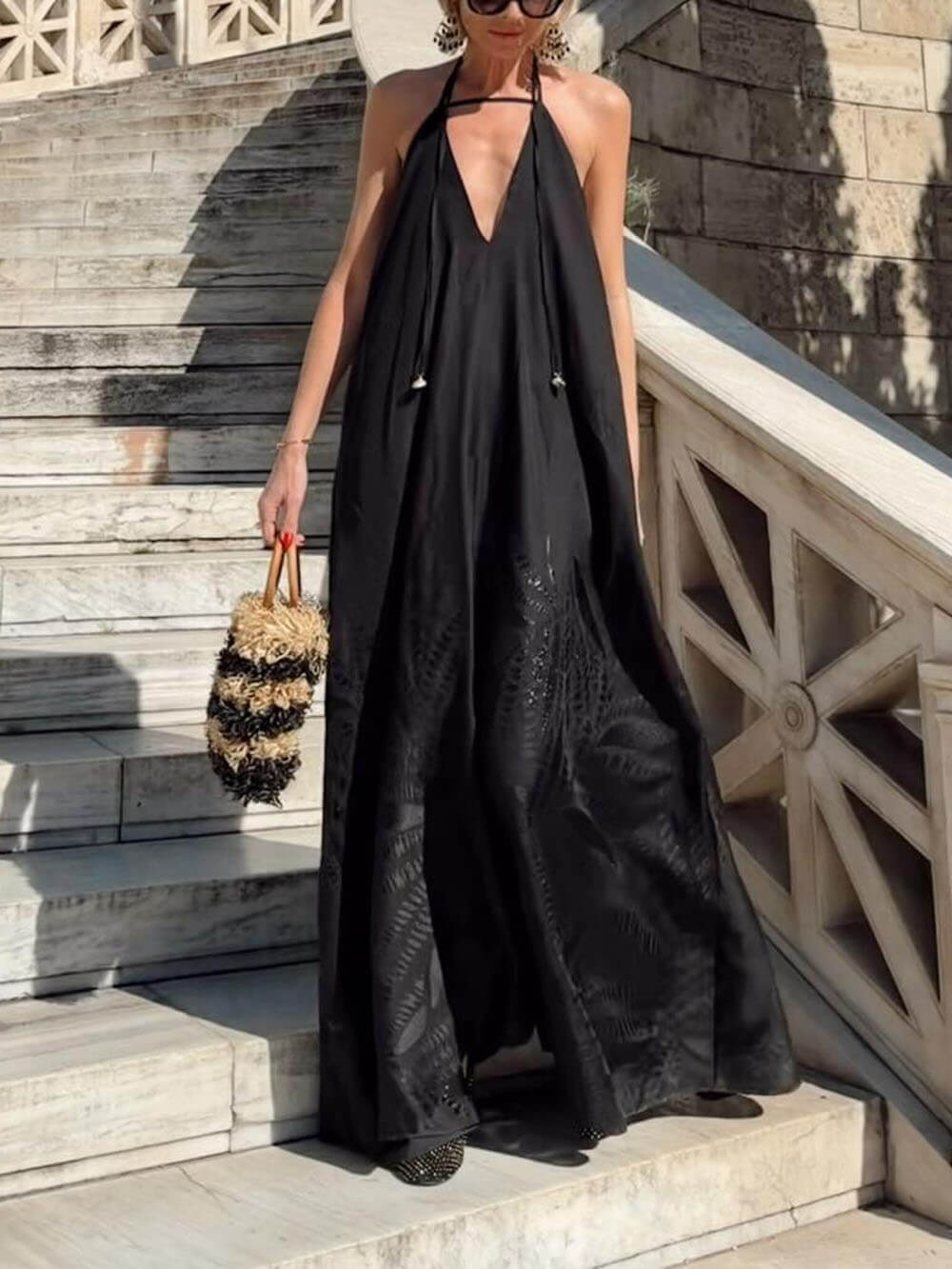 Boho Jacquard Backless Spaghetti Strap Maxi Dress