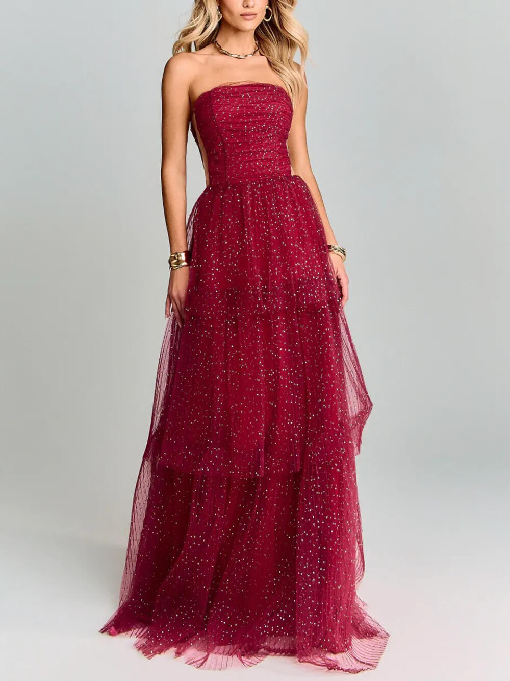 Elegant Red Polka Dot Layered Tulle Party Maxi Dress