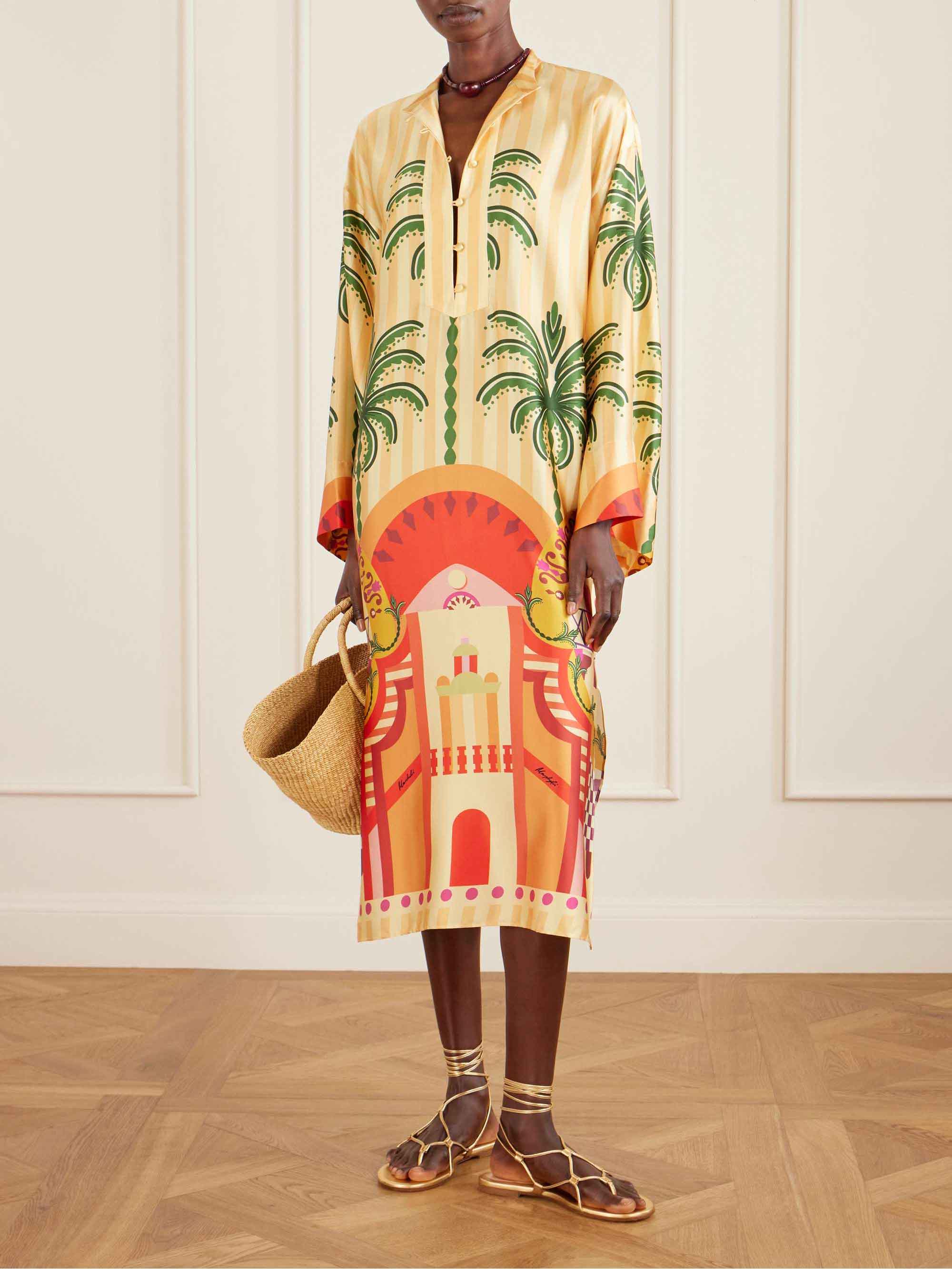 Unique Satin Palm Tree Print Loose Midi Dress